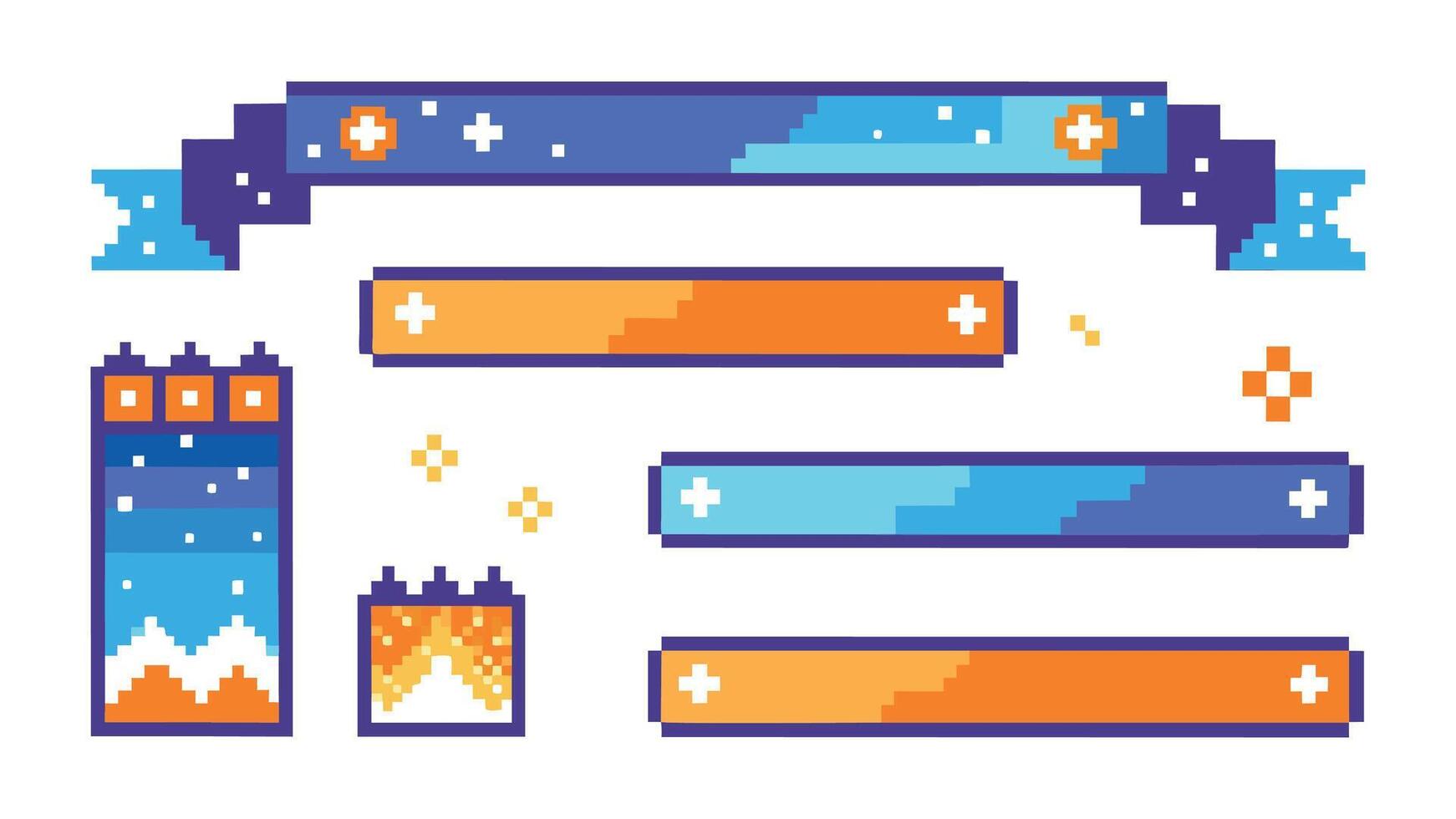 Pixel banners. Header footer banner rectangles with pixel digital edges pixelated gradient grunge texture set. vector