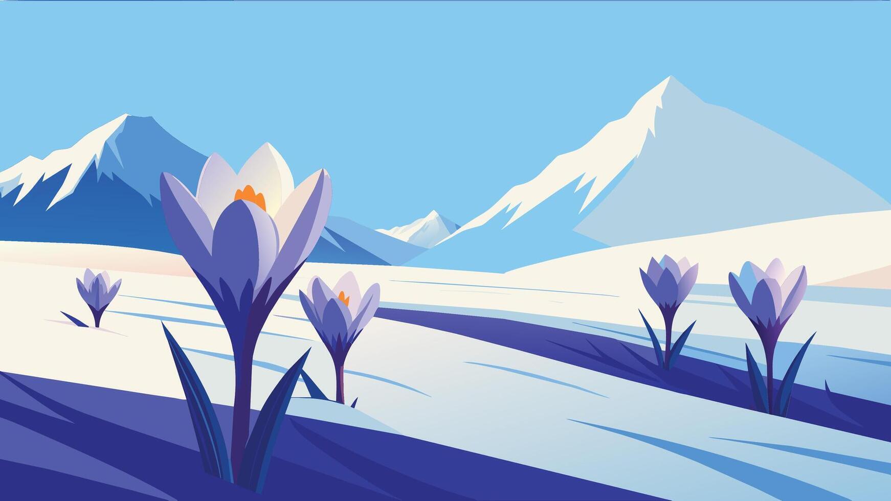 Crocuses in the snow flat illustration vector