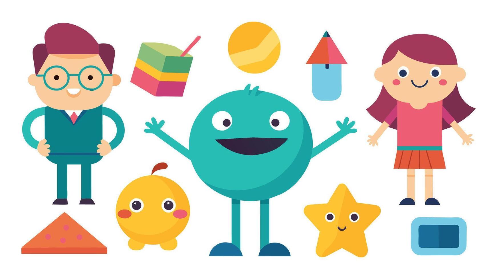 Cartoon kids shape with smile face. Geometric mascot figure with leg and hands vector