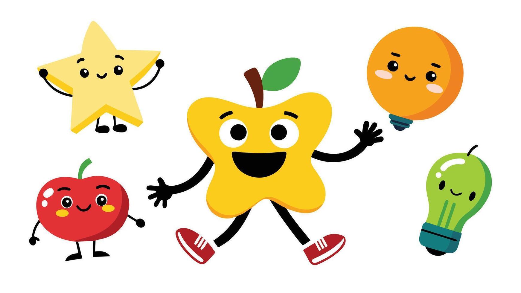 Cartoon abstract stickers. Retro comic character with facial expressions legs and glows. Running star walking happy apple cheerful bulb with face. collection set. vector