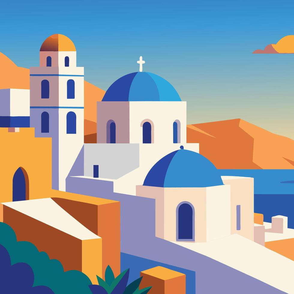 Sunny morning panorama of Santorini island. Colorful spring view offamous Greek resort Fira Greece Europe. Traveling concept background vector