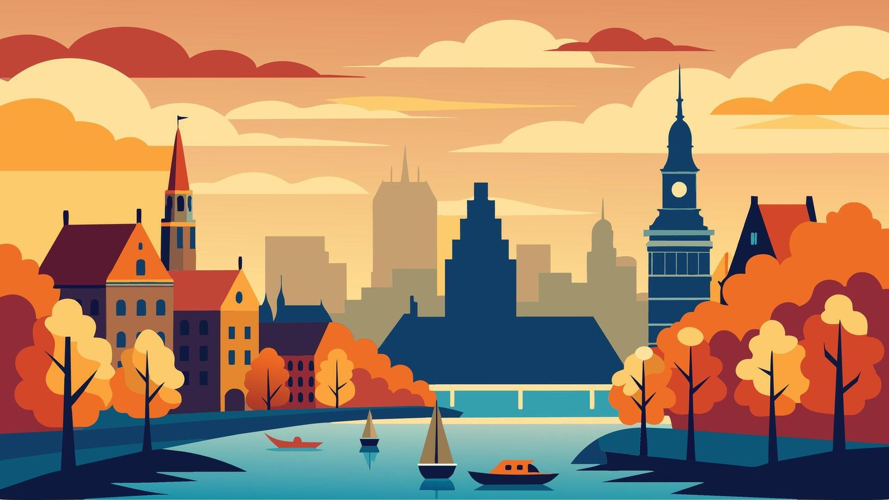 Panoramic autumn view of Amsterdam city. Famous Dutch channels and great cityscape. Colorful morning scene of Netherlands Europe. Traveling concept background.. vector