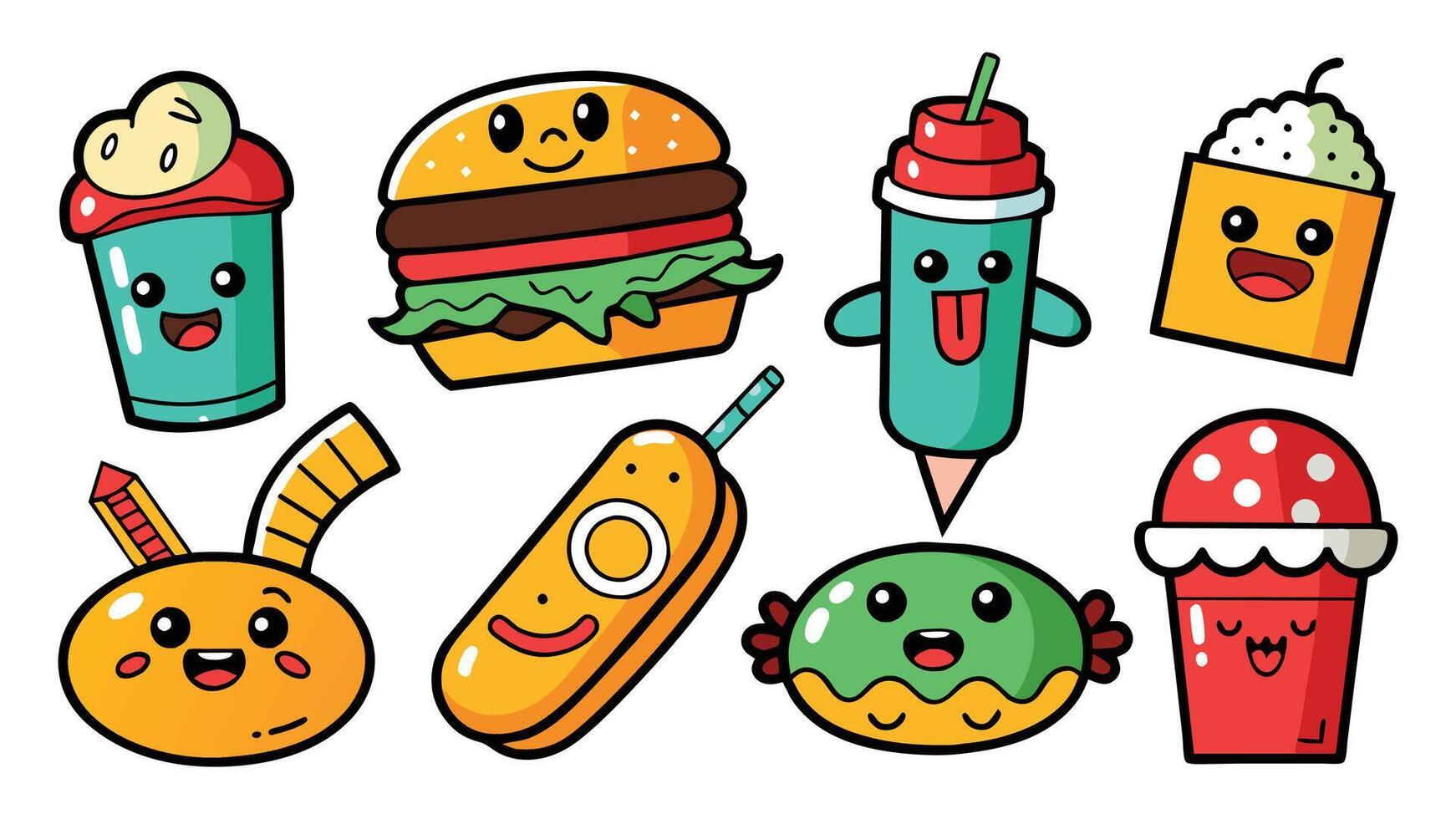 Cartoon fast food stickers. Retro comic cards and label with hot dog ice cream and drinks. Trendy mascot food characters. set vector