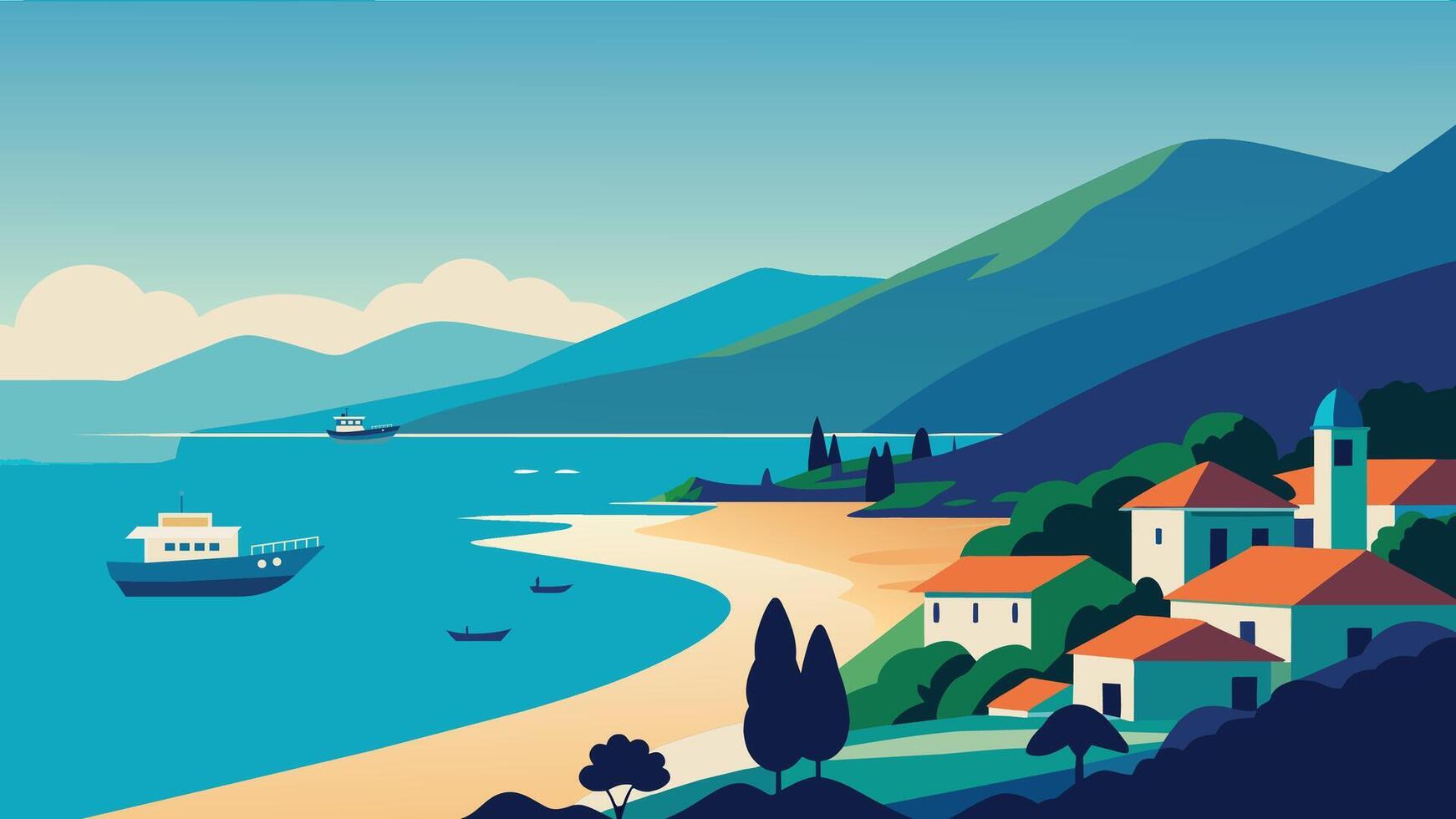 Panoramic morning view of Antisamos Beach. Bright spring seascape of Ionian Sea Sami town location Greece Europe. flat illustration vector