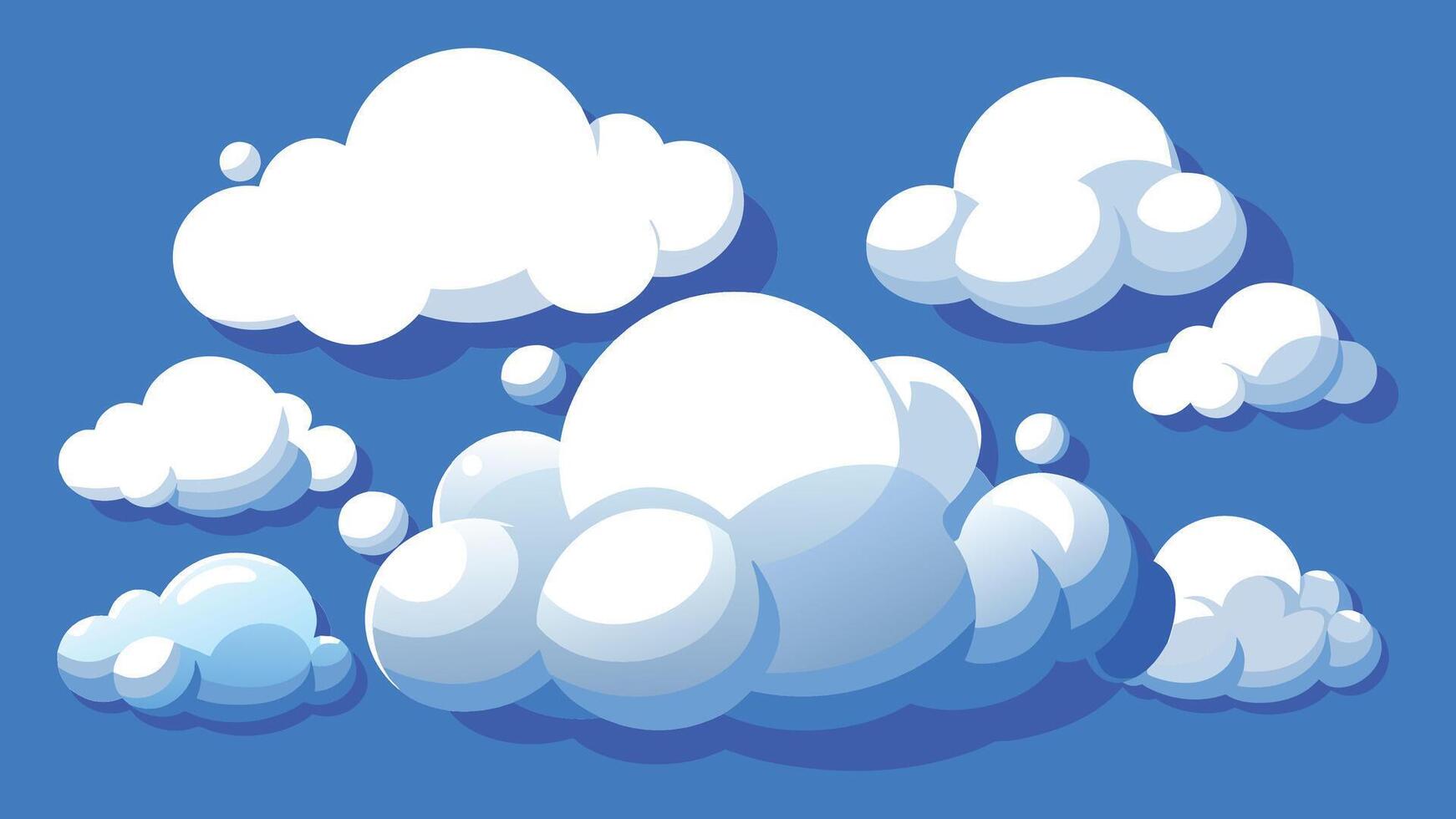 3d clouds. White cartoon cloud in summer spring blue sky fluffy cumulus shapes. Abstract balloon elements isolated vector