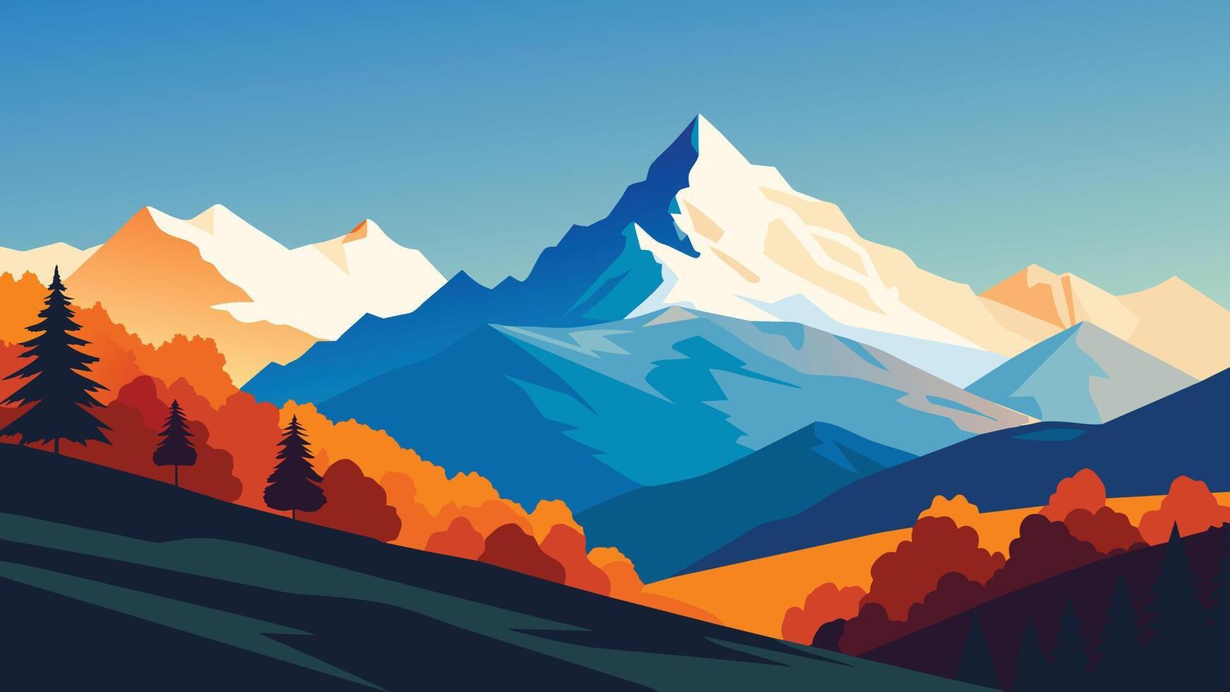 Colorful autumn landscape in the Caucasus mountains. Sunny morning scene with mountain Ushba on the background. beauty of nature flat background vector