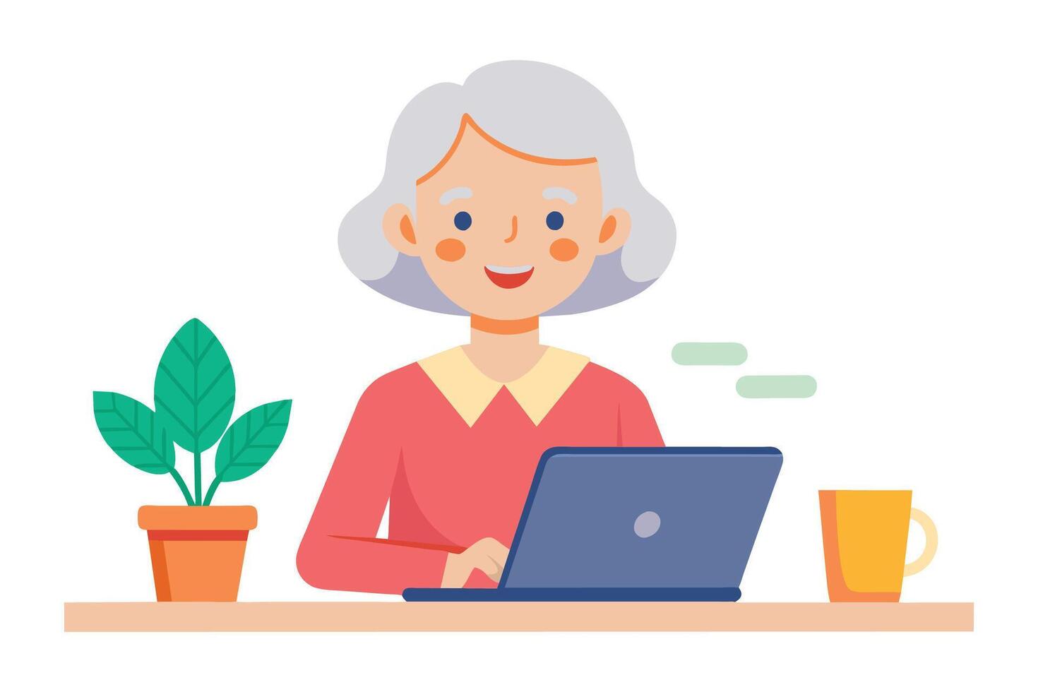 Cheerful senior woman working from home isolated flat illustration vector