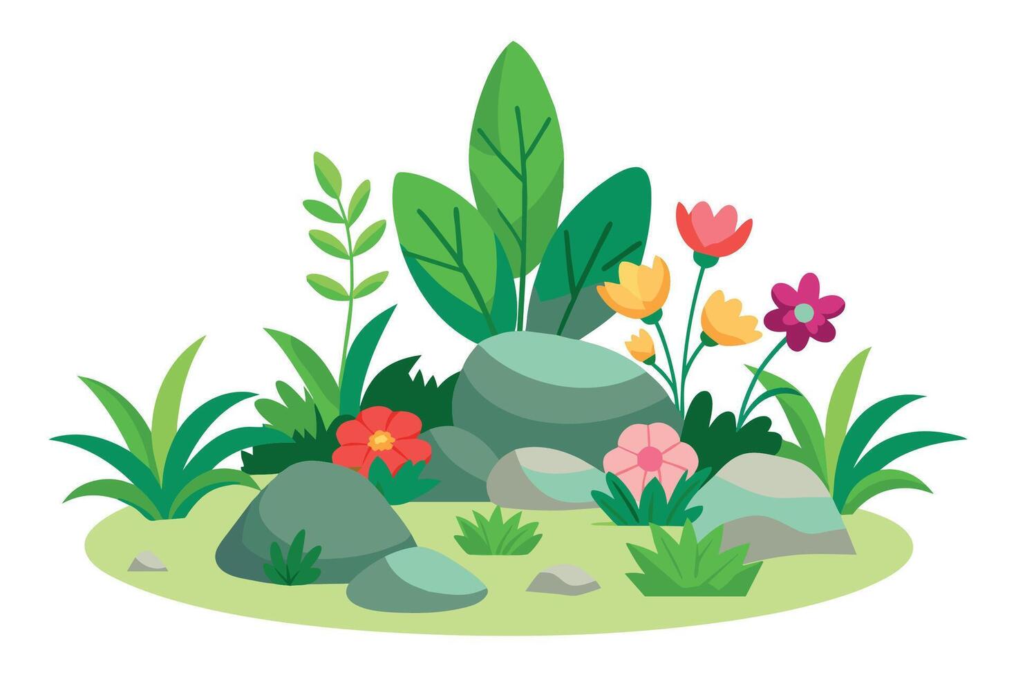 Garden design flower plants and rocks illustration on white background. vector