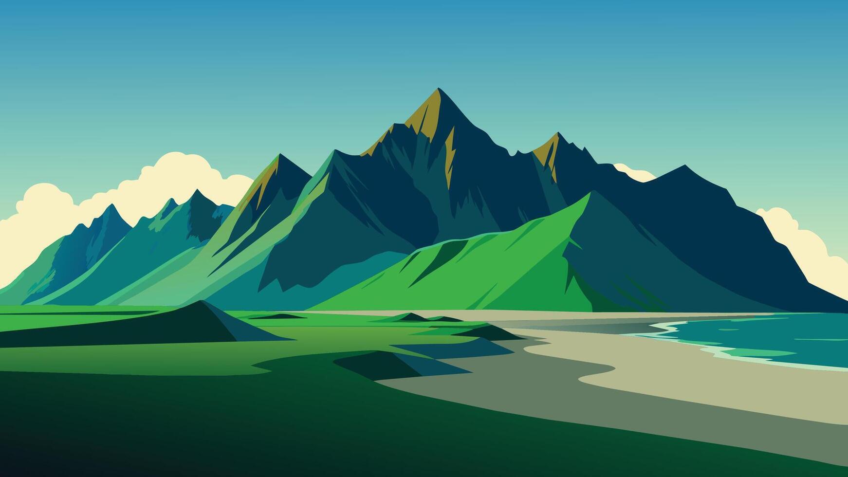 Impressive summer view of green dunes on the Stokksnes headland with Vestrahorn mountain on background flat illustration vector