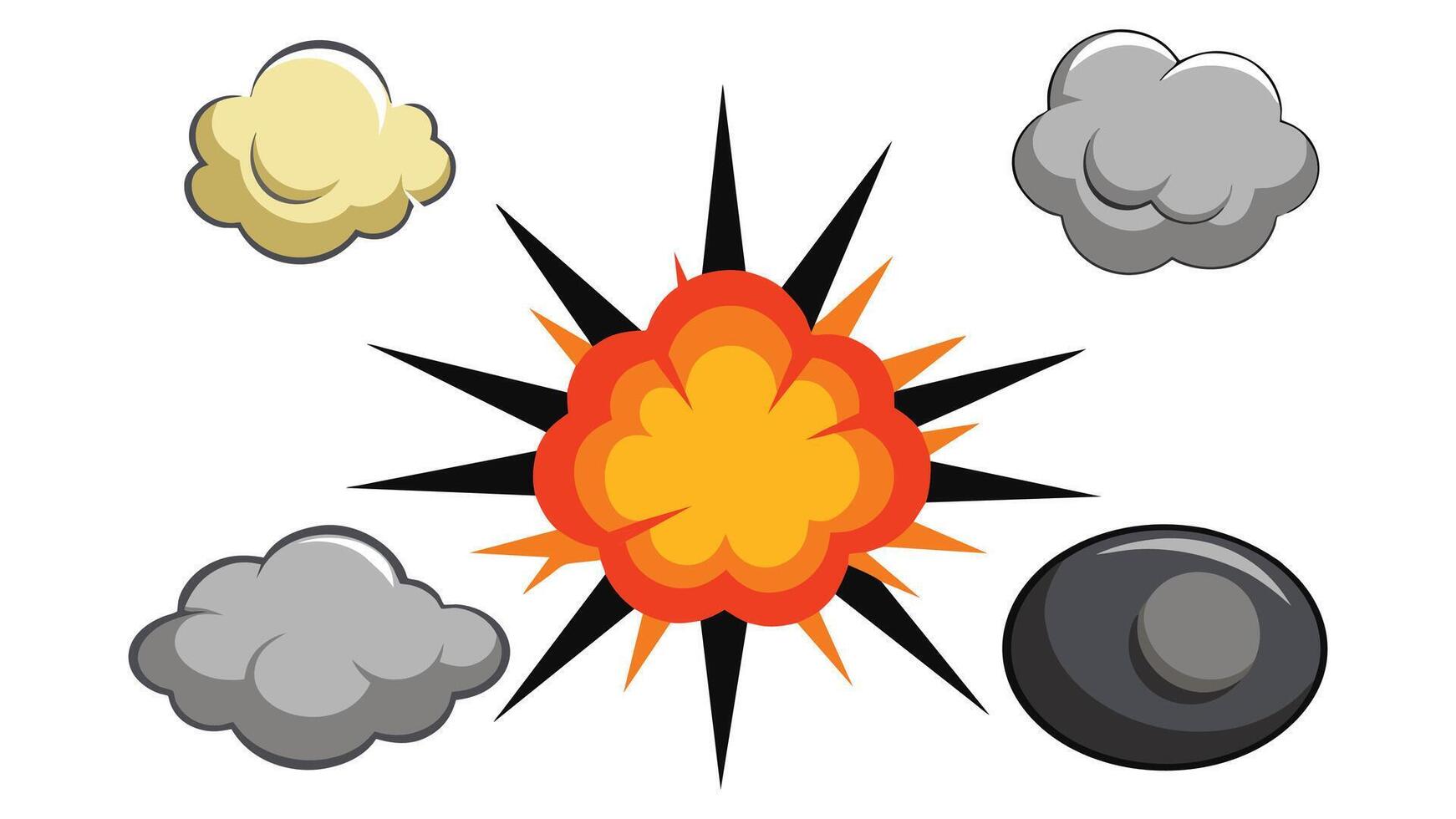 Radial explosive effect. Cartoon comic circle burst bomb explosion game VFX elements round steam cloud energy explosions speed bang power. flat set. vector