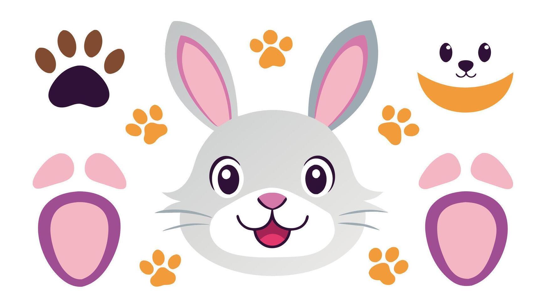 Cute bunny footprint trail paws ears and faces. Funny bunnies head and muzzle. Decorative element for Easter. Printable stickers scrapbooking. set vector