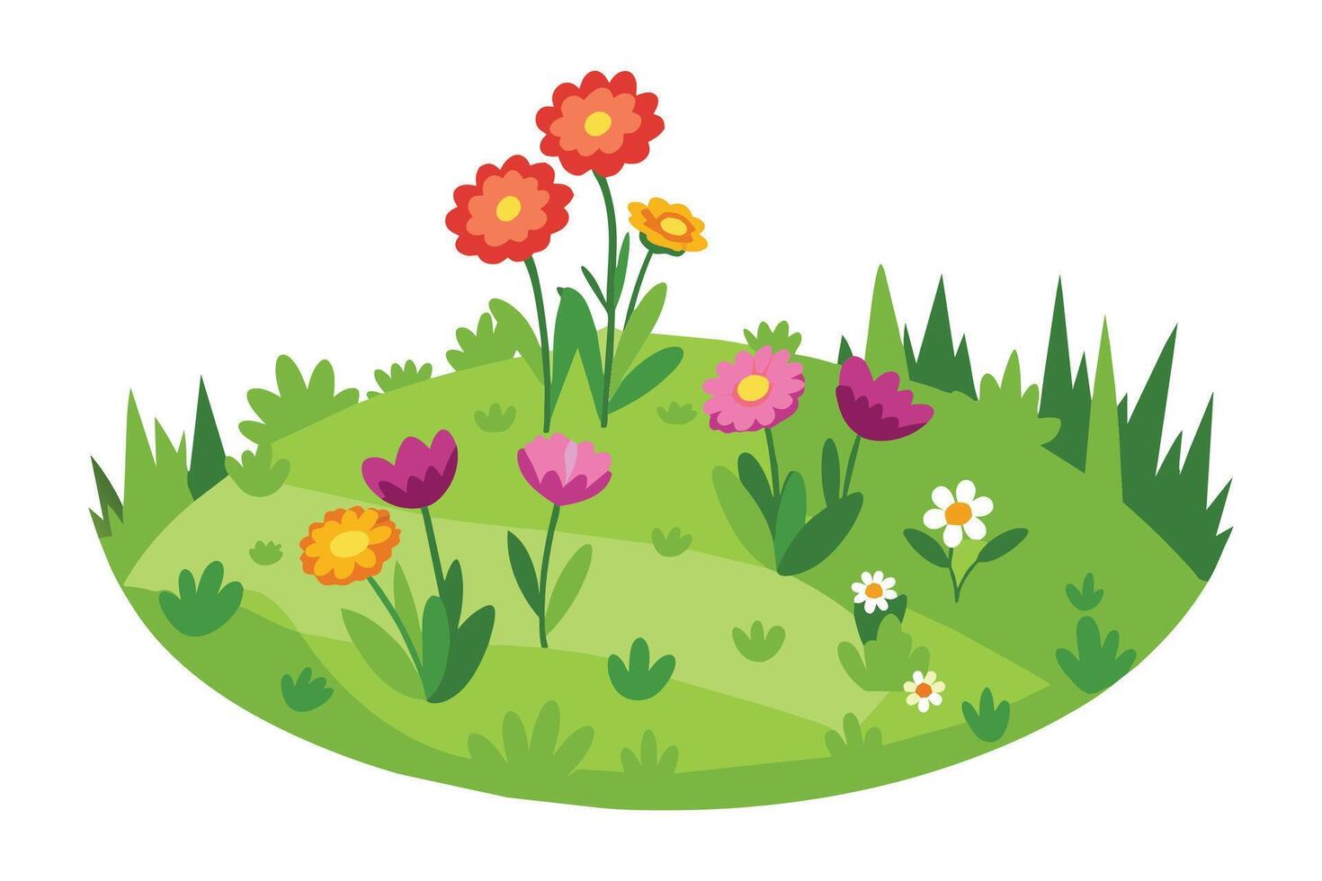 High flower blooming meadow flat illustration on white background. vector