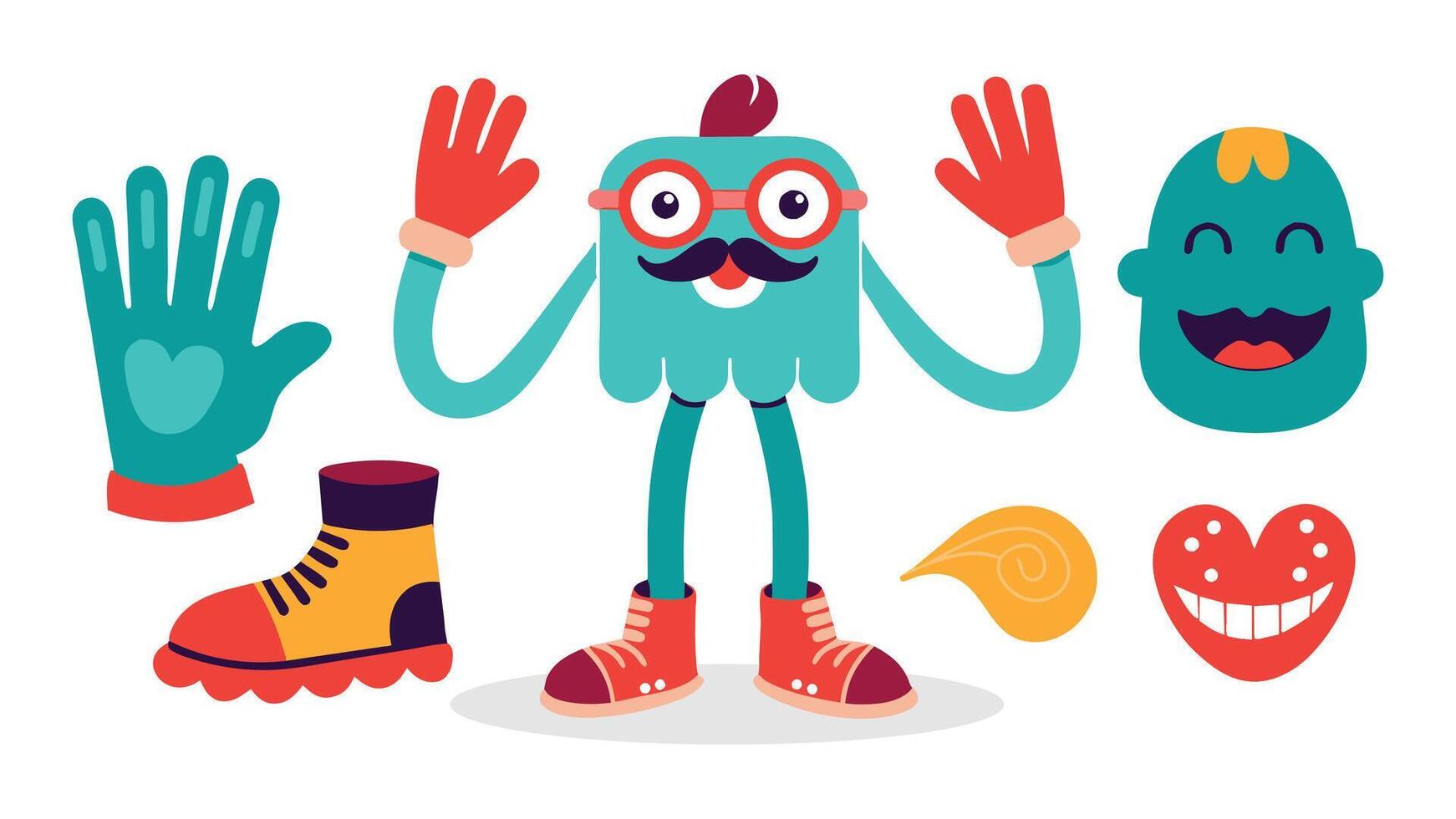 Comic groovy hands in gloves vintage legs and foot in shoes and funny emotion vector