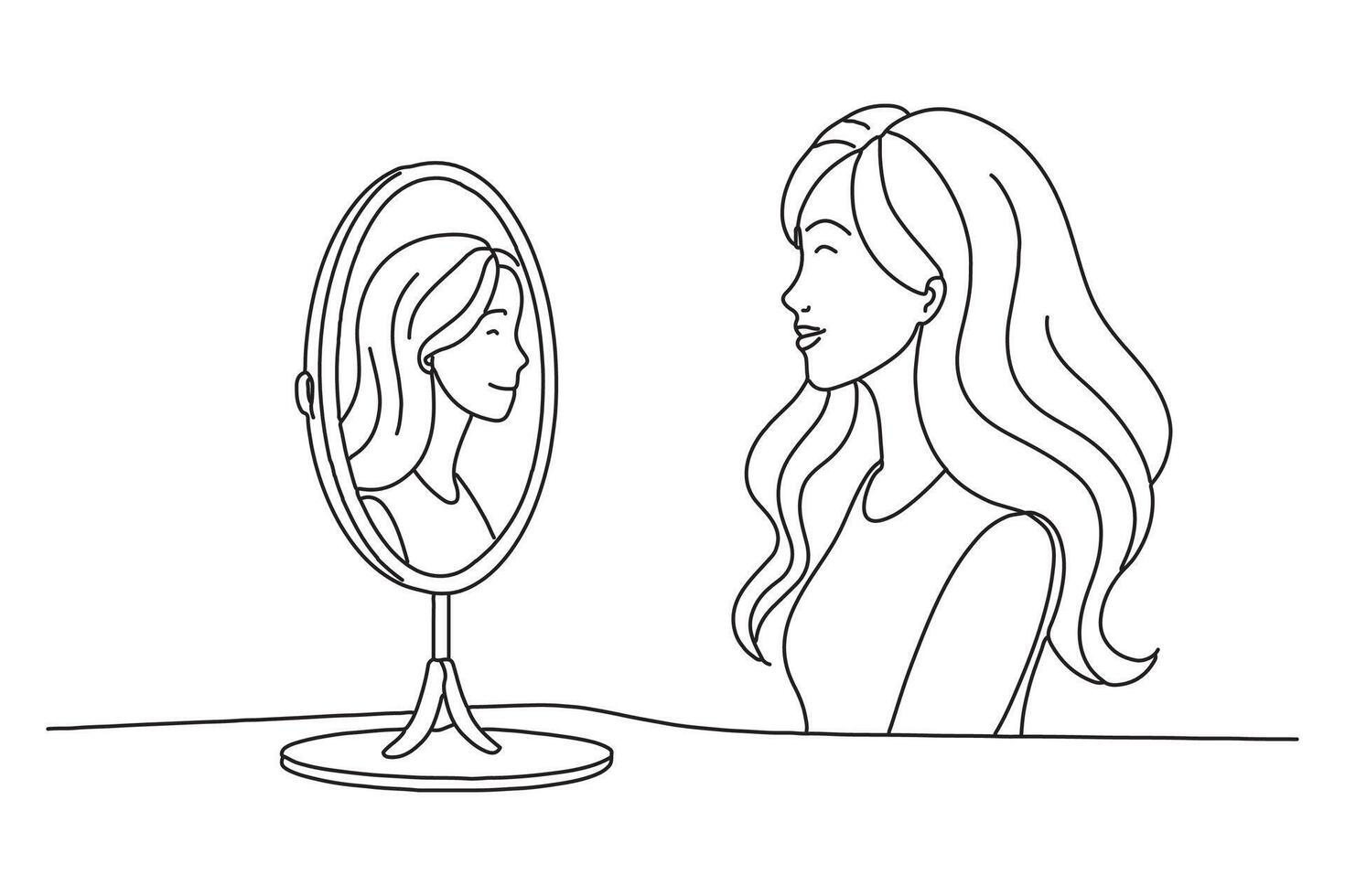 Young woman looking at mirror at home, continuous line art illustration on white background. vector