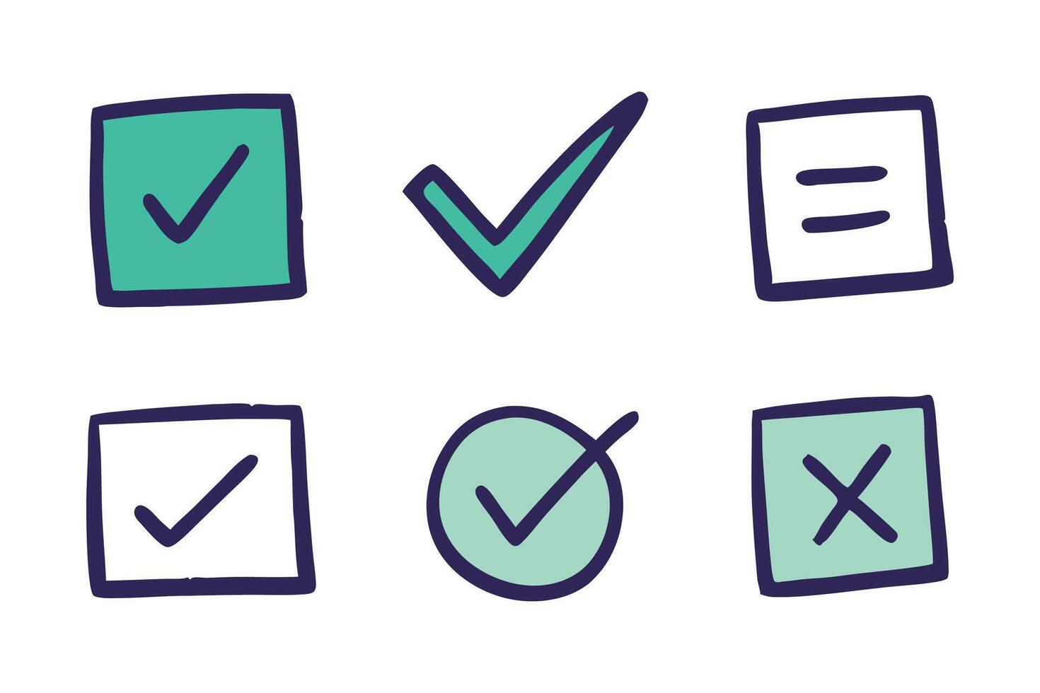 Doodle check marks. Hand drawn symbols for checking and voting, task list checkbox with cross and tick signs icons set. flat illustration set. vector