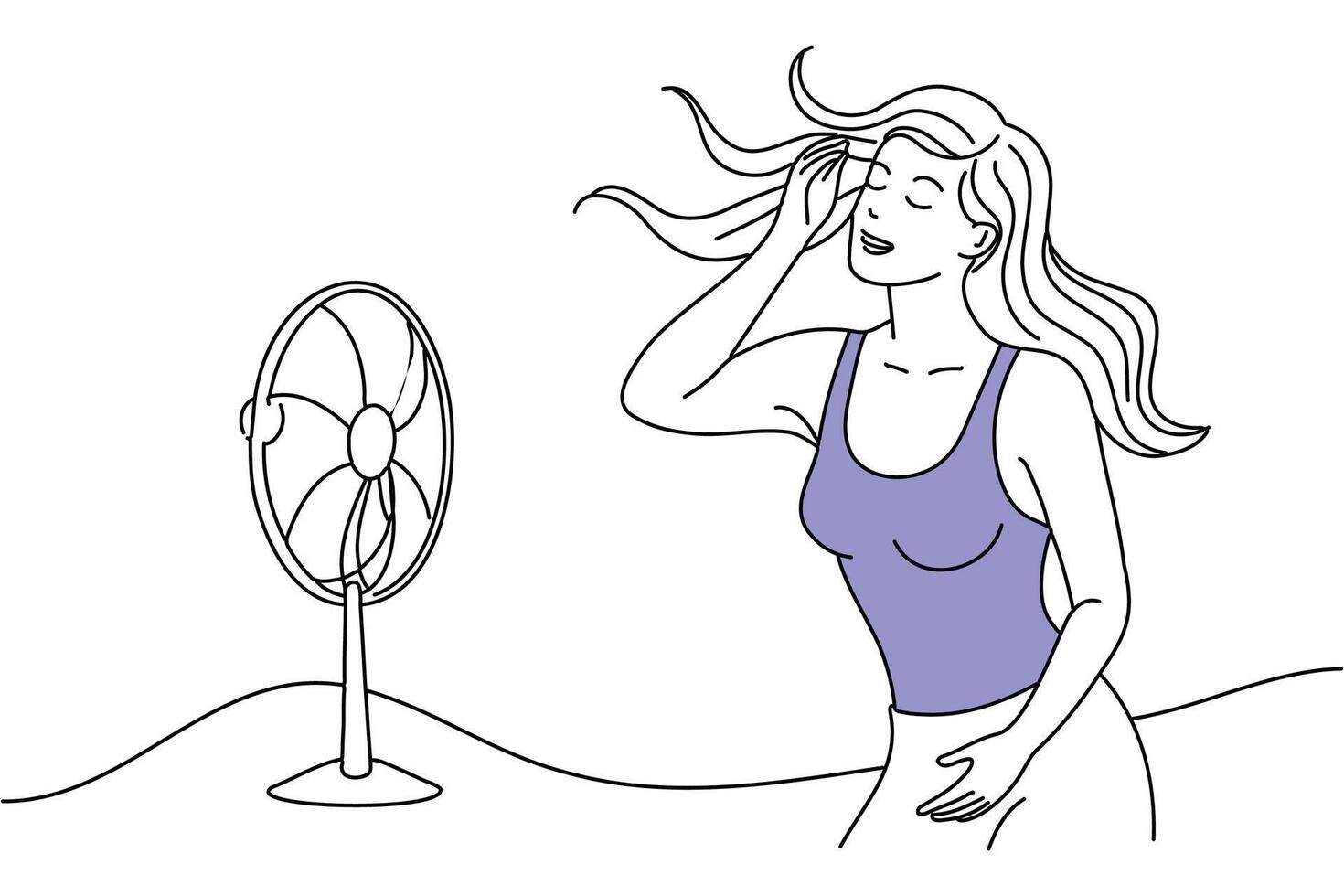 Sweating girl cooling herself with fan illustration and decorative element for summer and hot weather, continuous line art illustration on white background vector