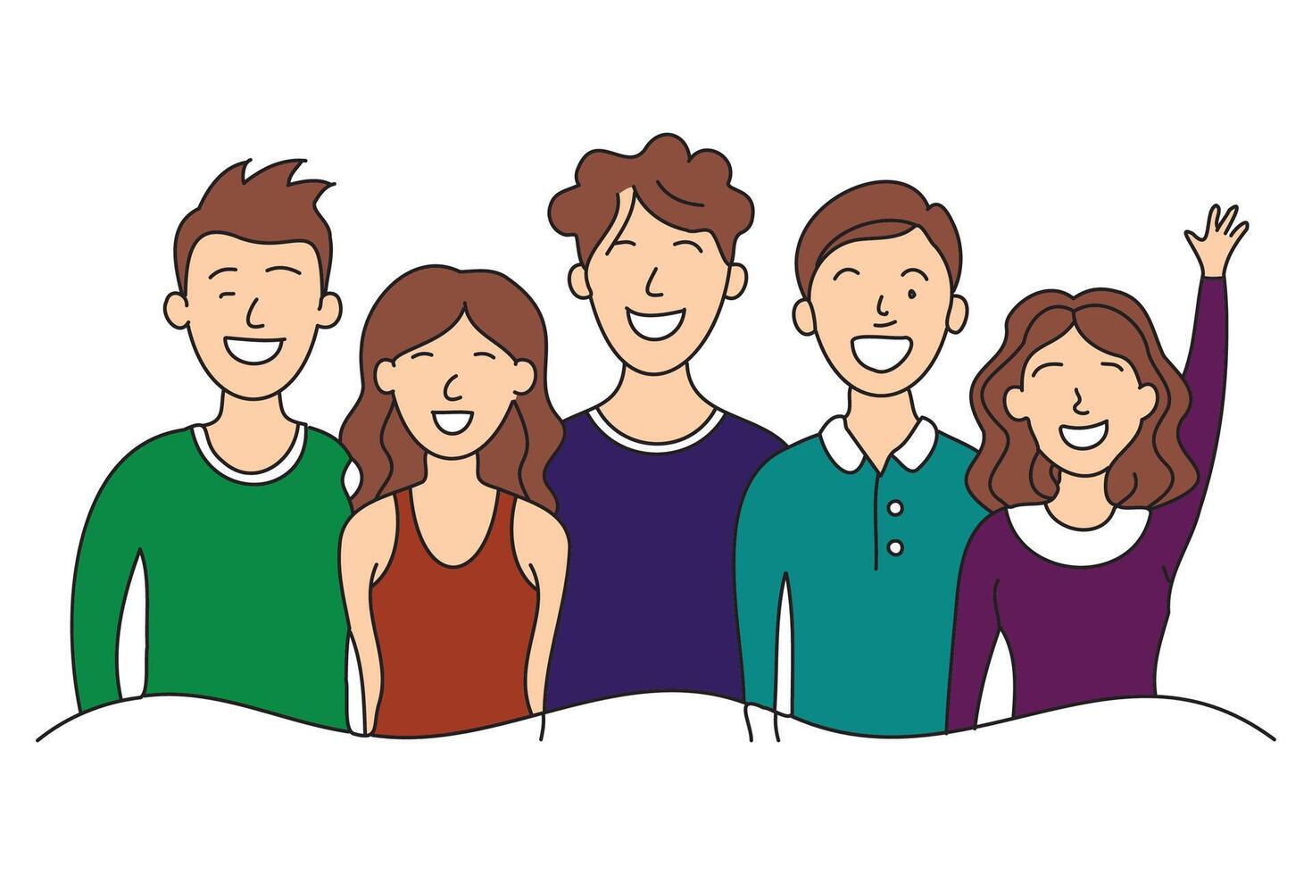 Happy positive people, group. Hand drawn continuous line draw design graphic illustration. vector