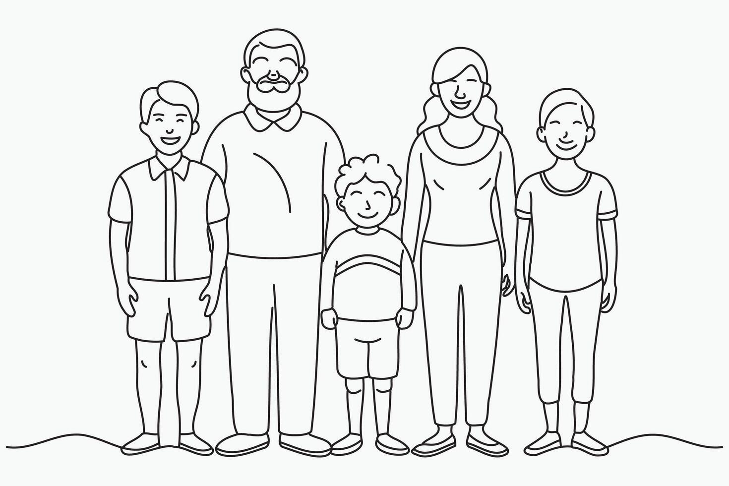 Happy big family standing together flat illustration. Grandma, grandpa, mom, dad, children. continuous line art illustration vector
