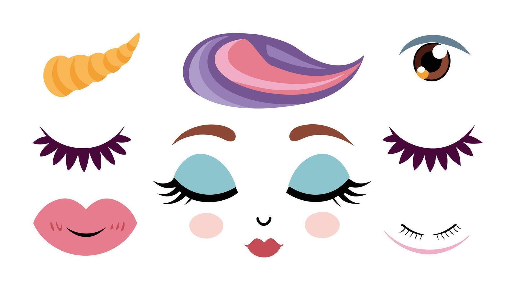 Cartoon eyelashes. Cute close eye with lash girl face with mascara lashes woman makeup sleeping beauty. Funny closed unicorn eyes. best collection set. vector