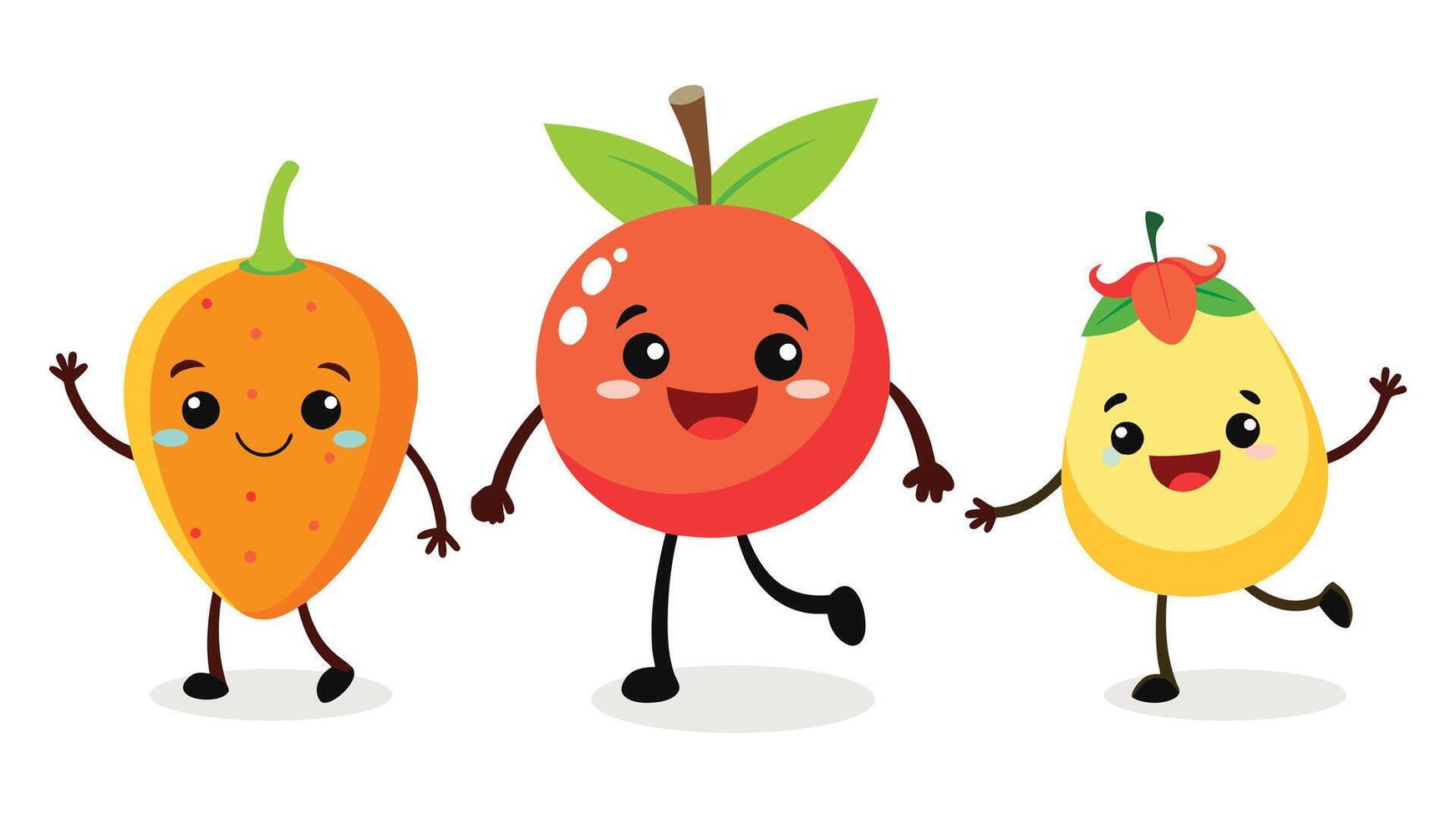 Cartoon mascot fruit. Retro fruits character with legs and hands cute face expression. Walking orange running apple staying watermelon happy banana illustration set vector