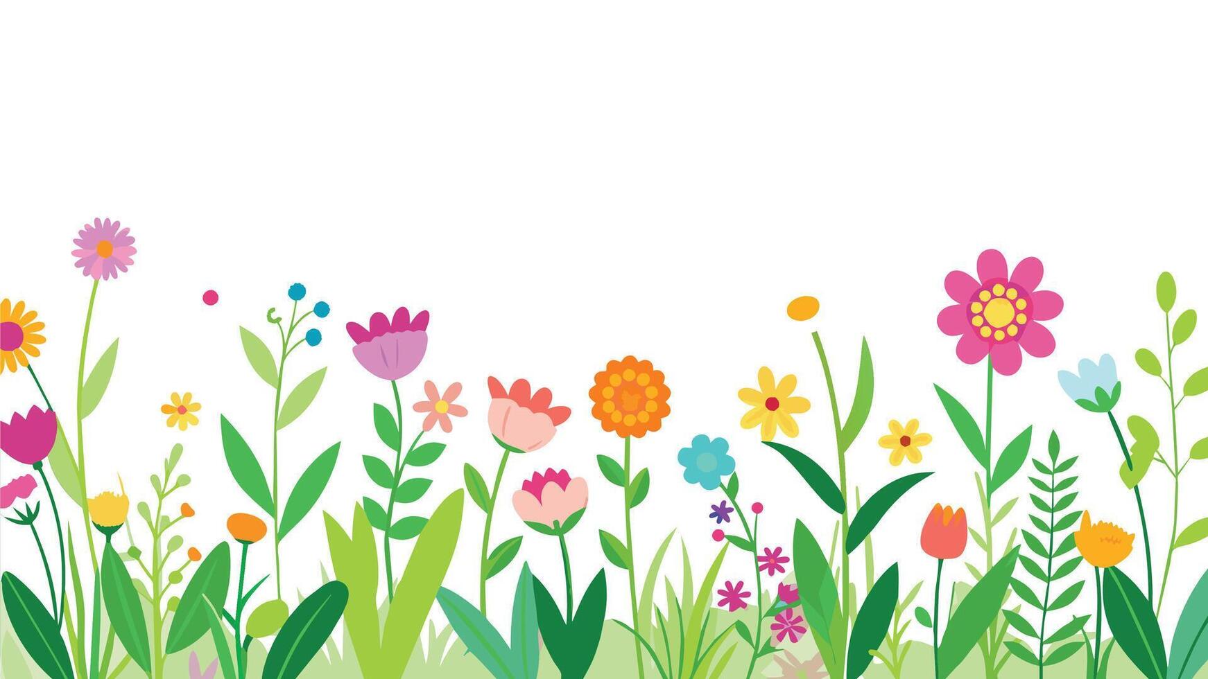 Spring flower border. Seamless blooming colorful wildflowers horizontal frame border. vector