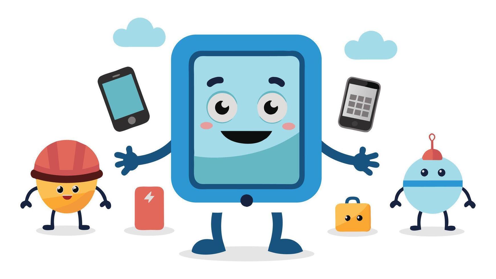 Cartoon mascot phone. Constructor phone character mobile smartphone funny eyes smiling mouth. Cellphone poses set vector