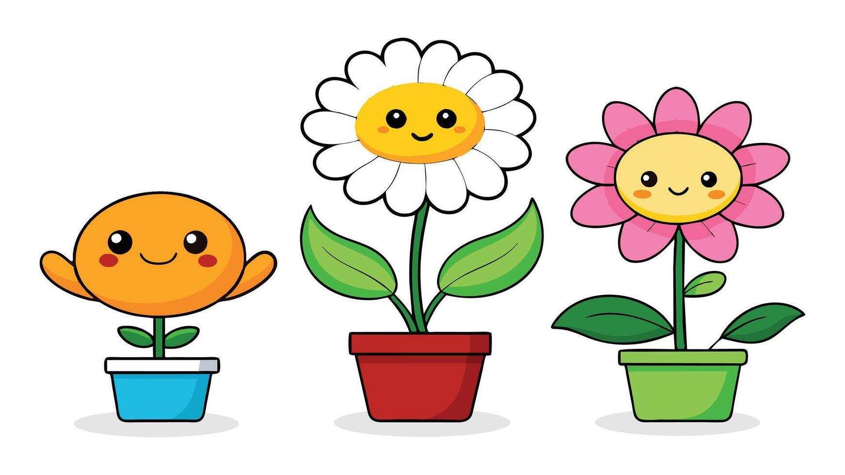 Cartoon flower character. Daisy retro constructor. Smiley flower face funny walking mascot chamomile with bee plant in pot. Trendy design sticker set vector