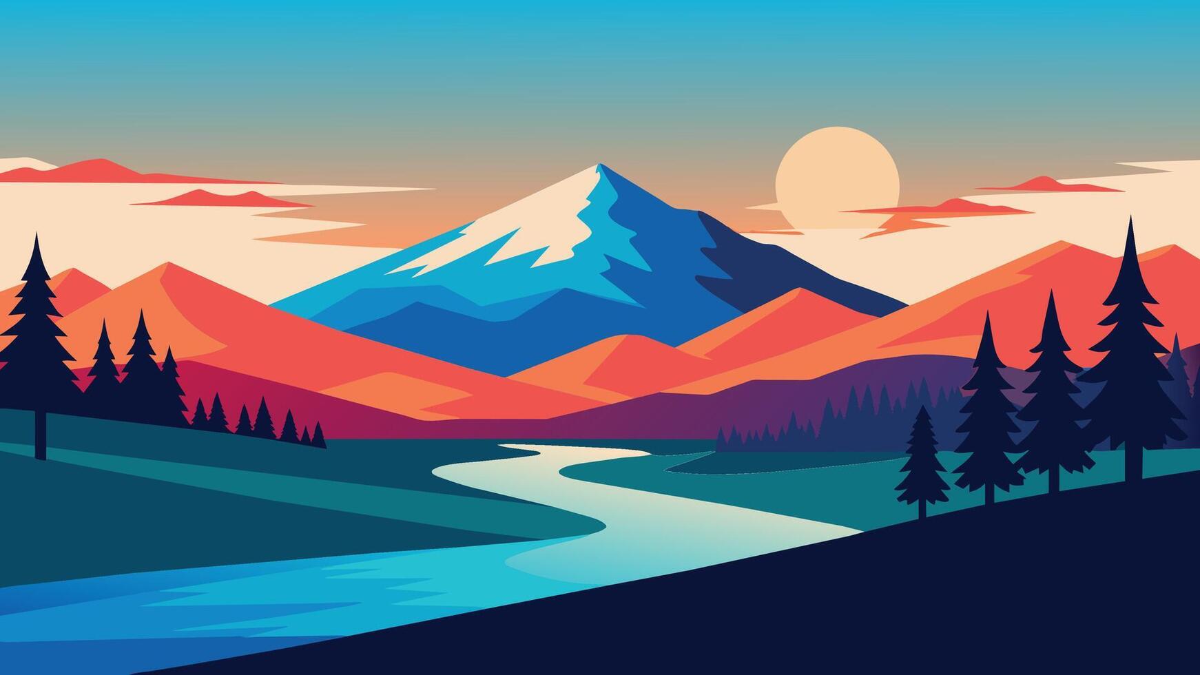 Spring landscape blue sky and red hill flat illustration. vector