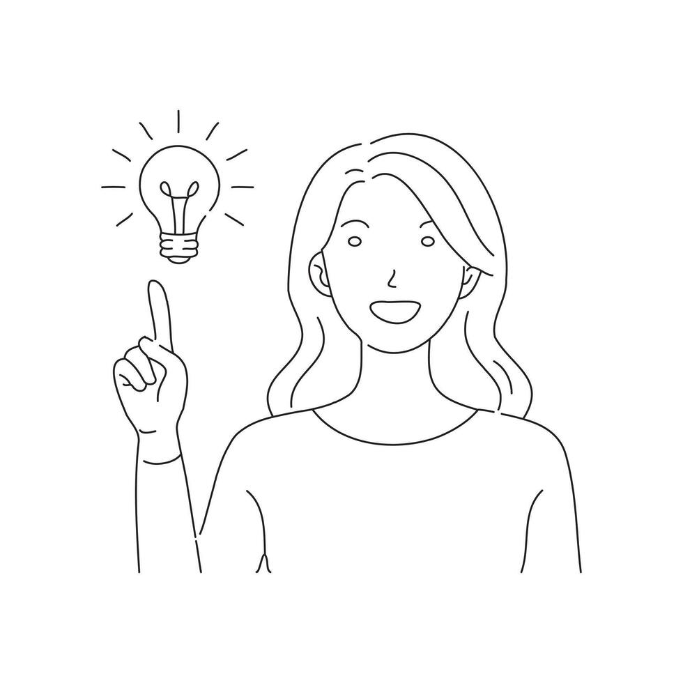 Woman having a good idea hand indicate. continuous line art illustration. vector