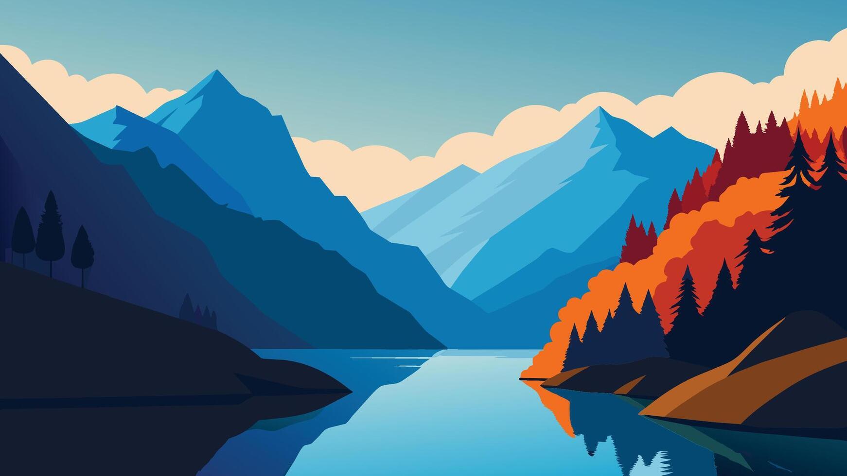 Colorful autumn panorama of Vorderer lake with Dachstein glacier on background. Splendid morning view of Austrian Alps Upper Austria Europe. Flat illustration vector