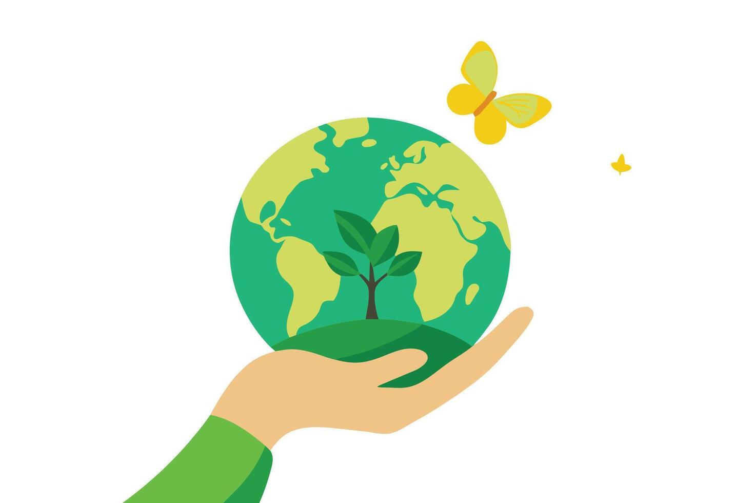 Earth crystal glass globe ball and growing tree in human hand flying yellow butterfly on green sunny background. Saving environment save clean planet illustration vector