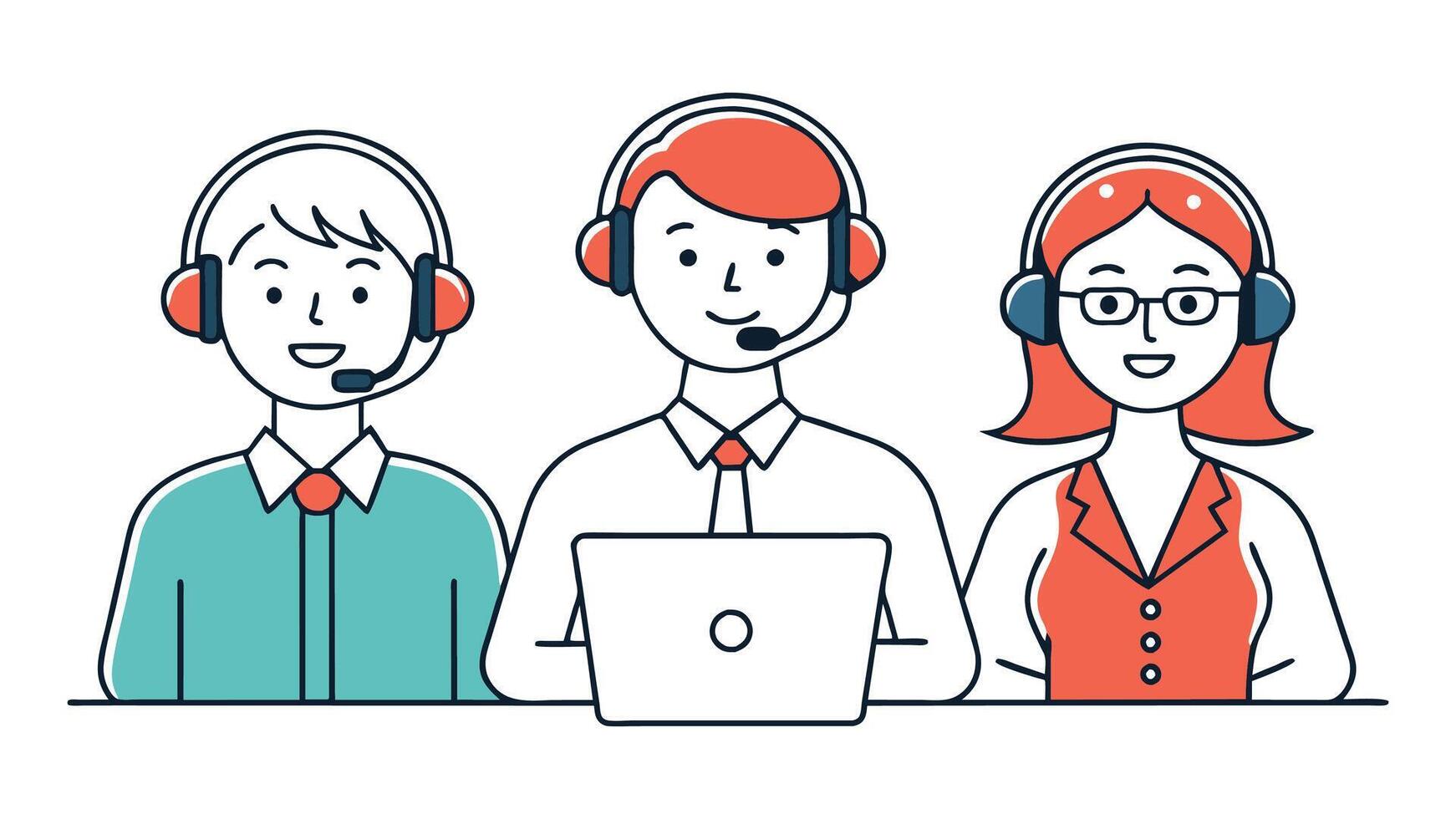 Customer service Call center hotline operators with headsets. Online technical support 24 h. Doodle simple hand brush illustration vector