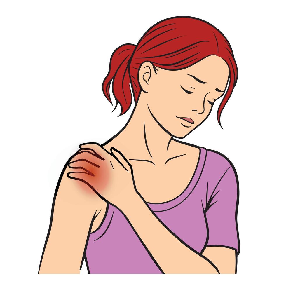 Woman pain in her shoulder isolated Line illustration on white backgroud. vector