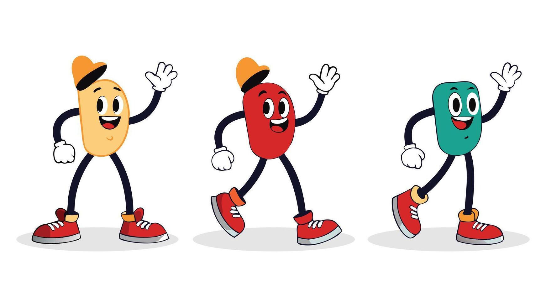 Cartoon legs in shoes. Comic retro feet in different poses mascot foot in boot leg standing walking running jumping. set on white background vector