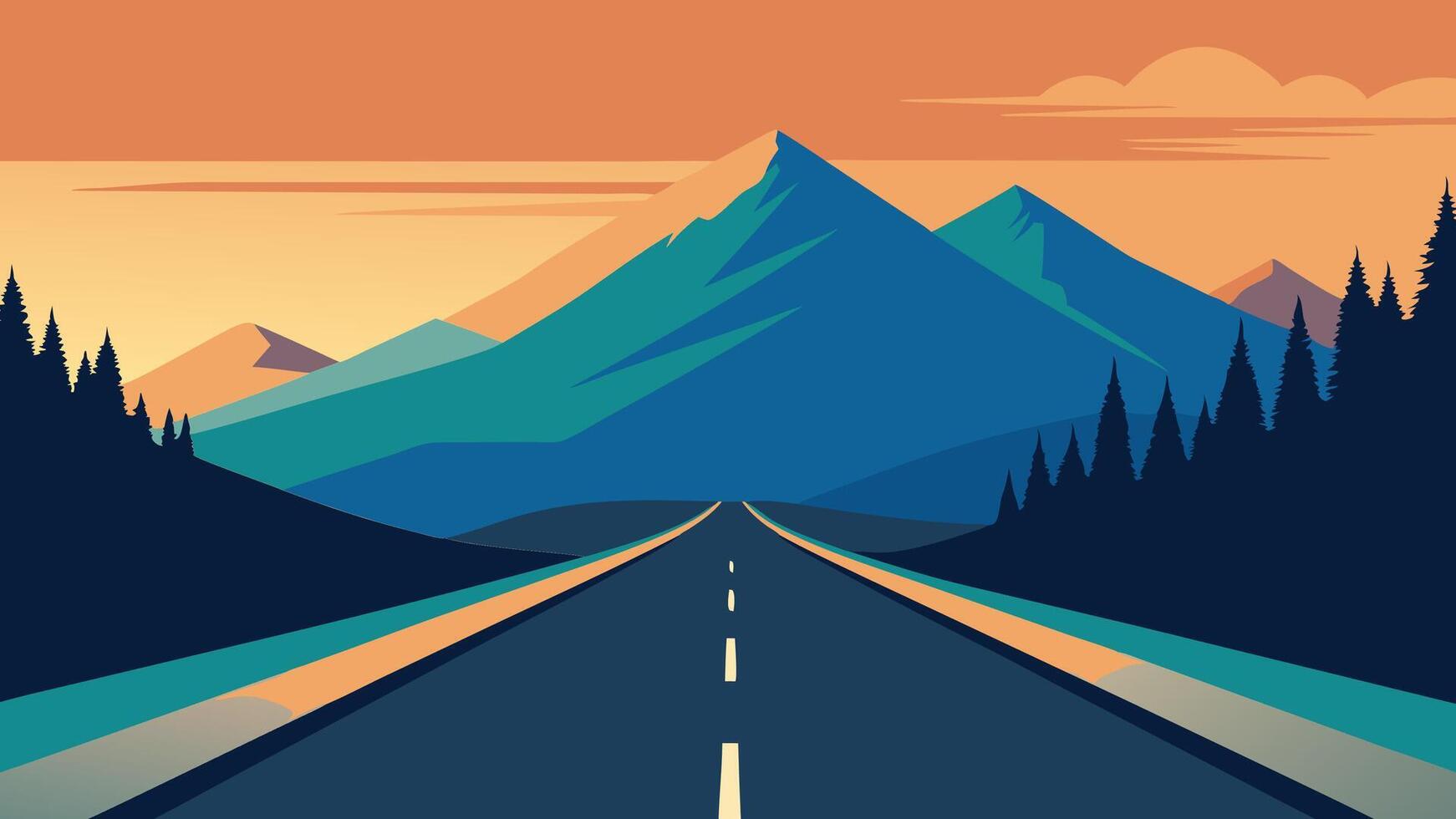 Beautiful summer landscape with road in the mountains flat illustration. vector