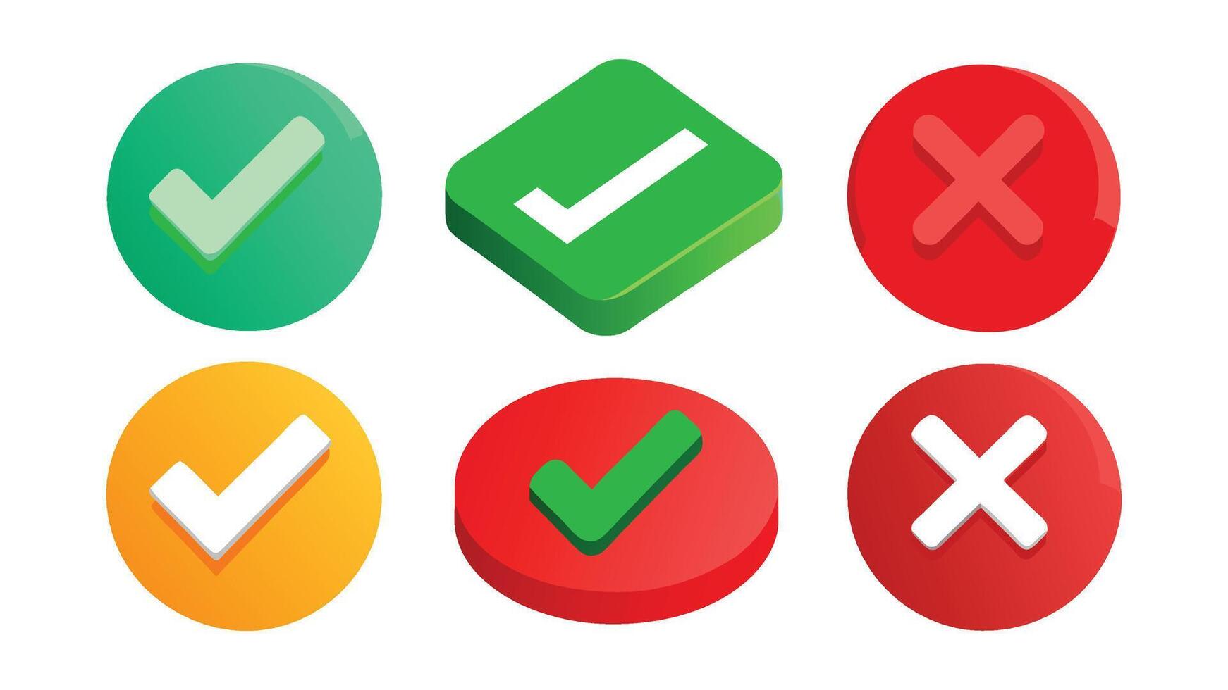 Right and wrong 3D buttons. Tick cross red and green glossy round and square checklist icons. Check mark acceptance X rejection button. 3d realistic set vector