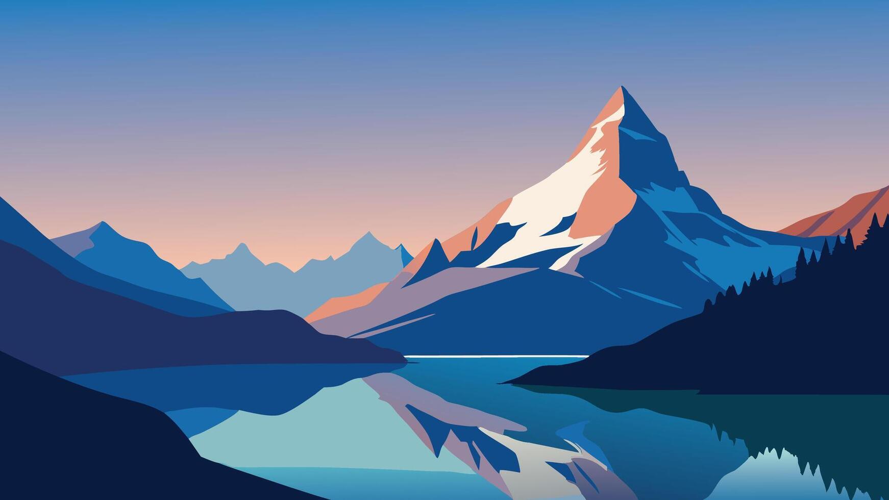 Bachalpsee lake with Schreckhorn and Wetterhorn peaks on background. Picturesque morning scene in the Swiss Bernese Alps, Switzerland, Europe flat illustration vector