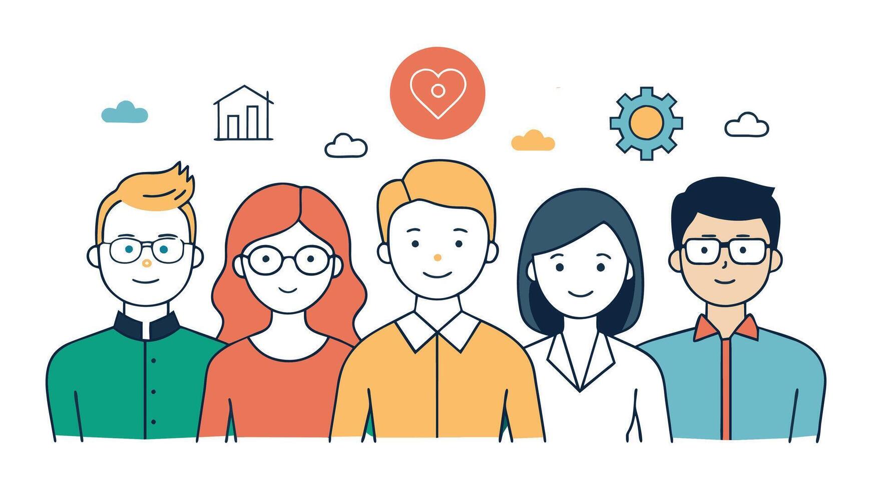 Marketing team of five people standing Doodle simple hand brush illustration vector