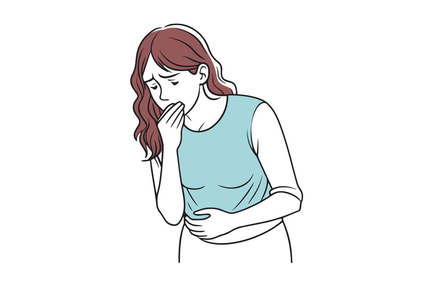 Woman suffering from nausea vomit morning sickness symptoms isolated Line illustration on white backgroud vector
