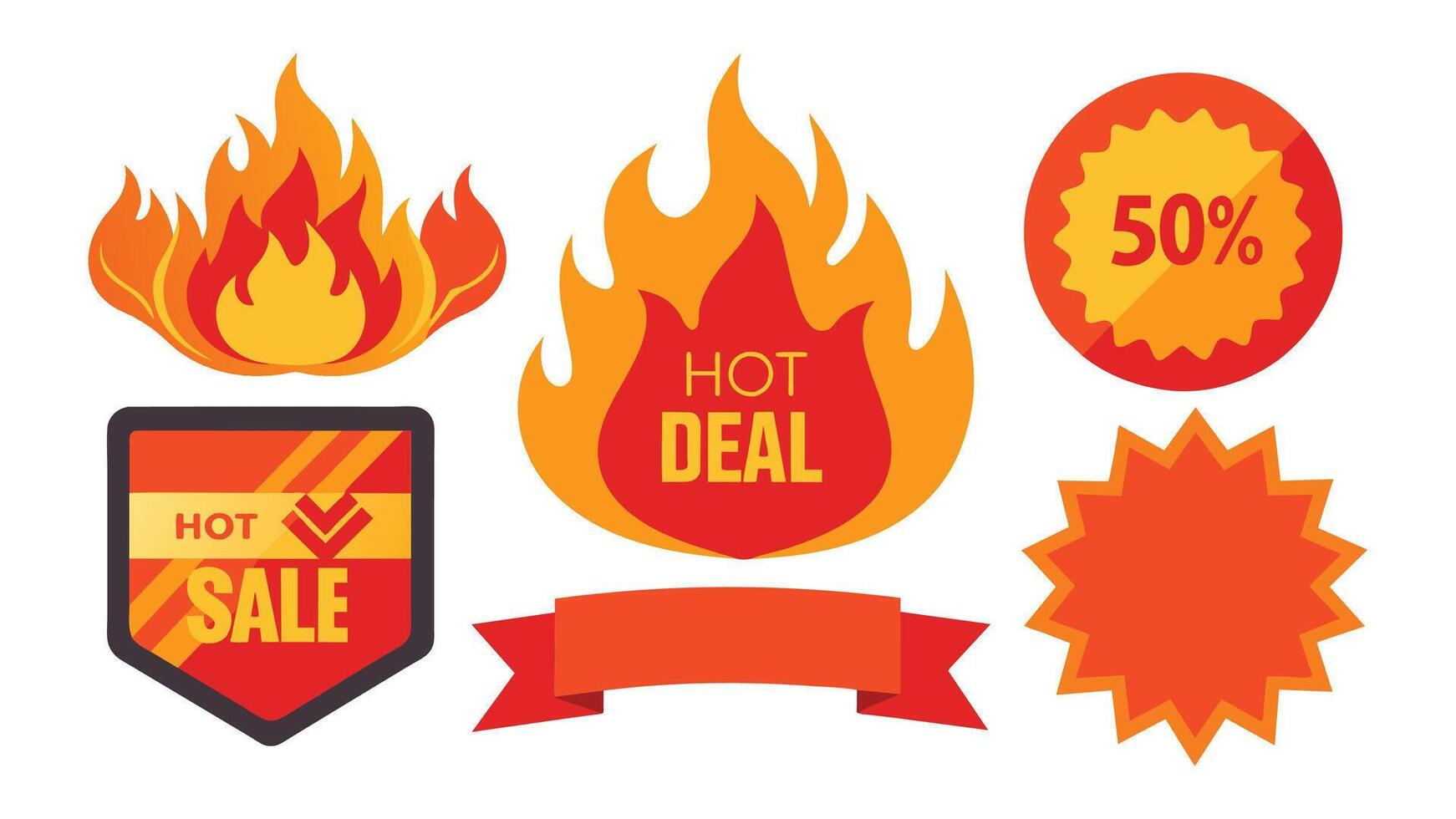 Hot sale badges. Flaming deal banner hot discount price label and promotional offer tag with fire frame. Store sale sticker shopping exclusive vector