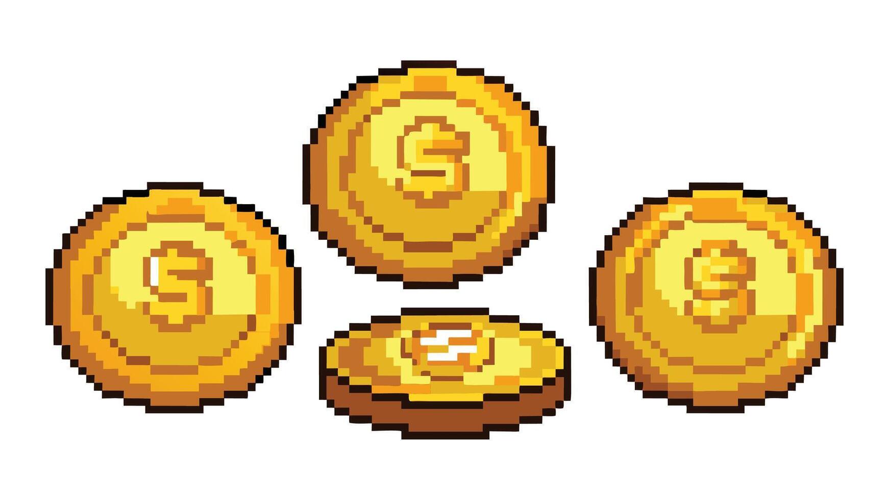 Pixel art gold coins. Cartoon 8bit pixelated money for retro game vector