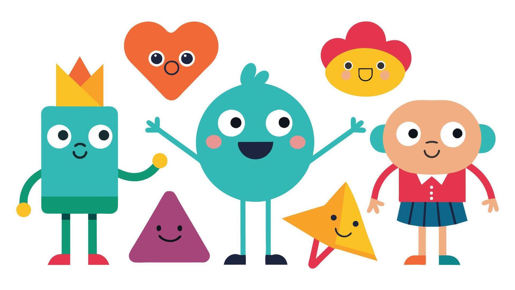 Cartoon kids shape with smile face. mascot figure with leg and hands. Fun graphic avatar for education funny emoji objects. vector