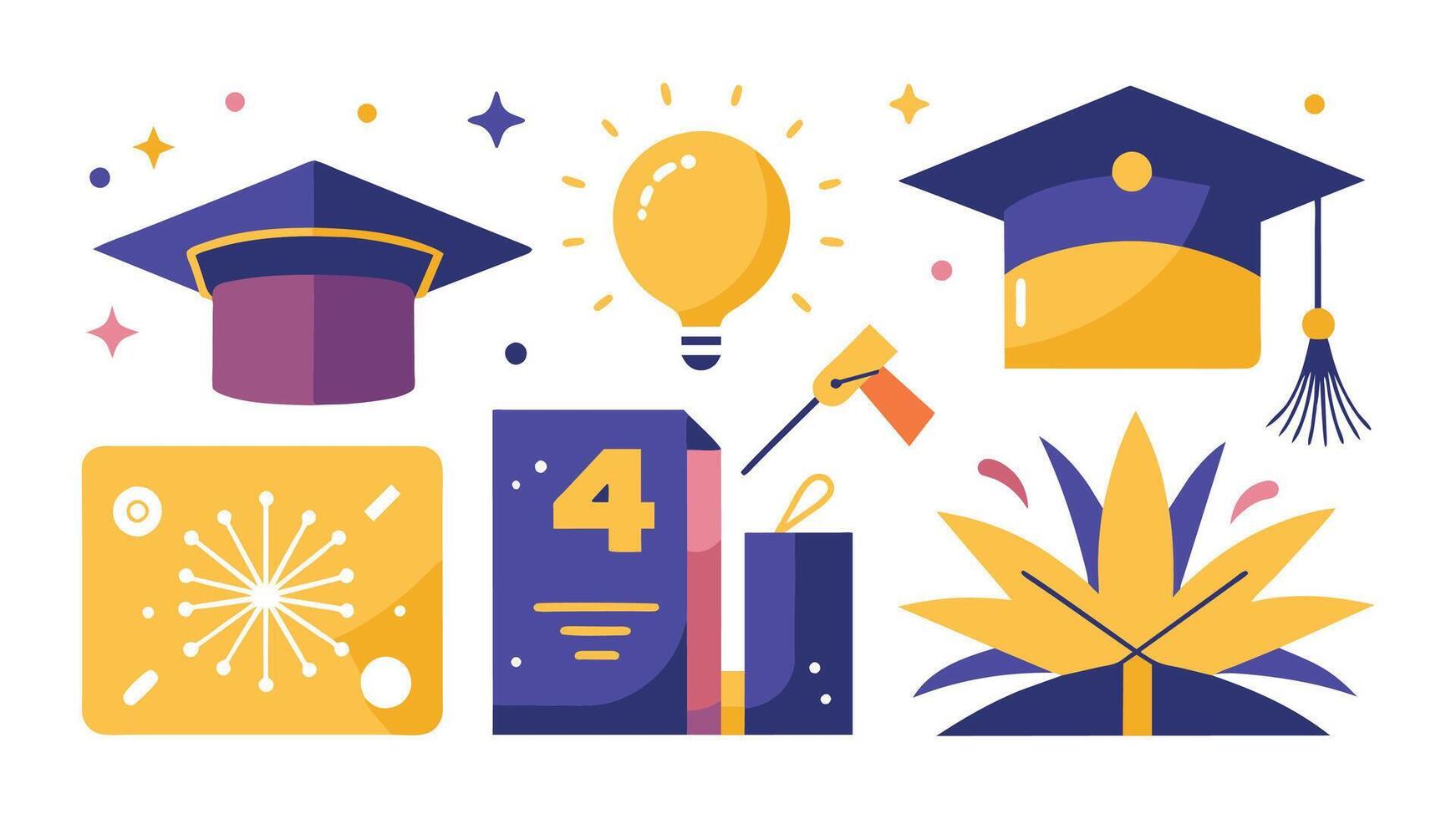 Congratulations greeting card. Graduation class of 2024 party poster with lettering academic graduation cap and golden firework. ceremony Set. vector