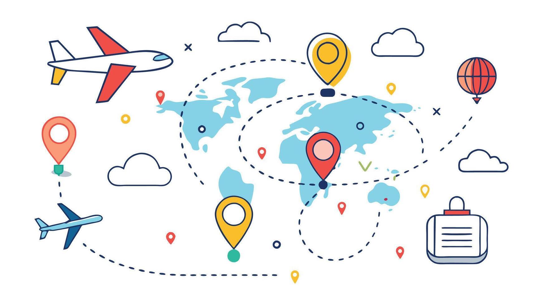 Plane route line. Airplane with dashed trace and map pin at start. Various aircrafts and destination pins icons. Editable stroke path. Infographic set vector