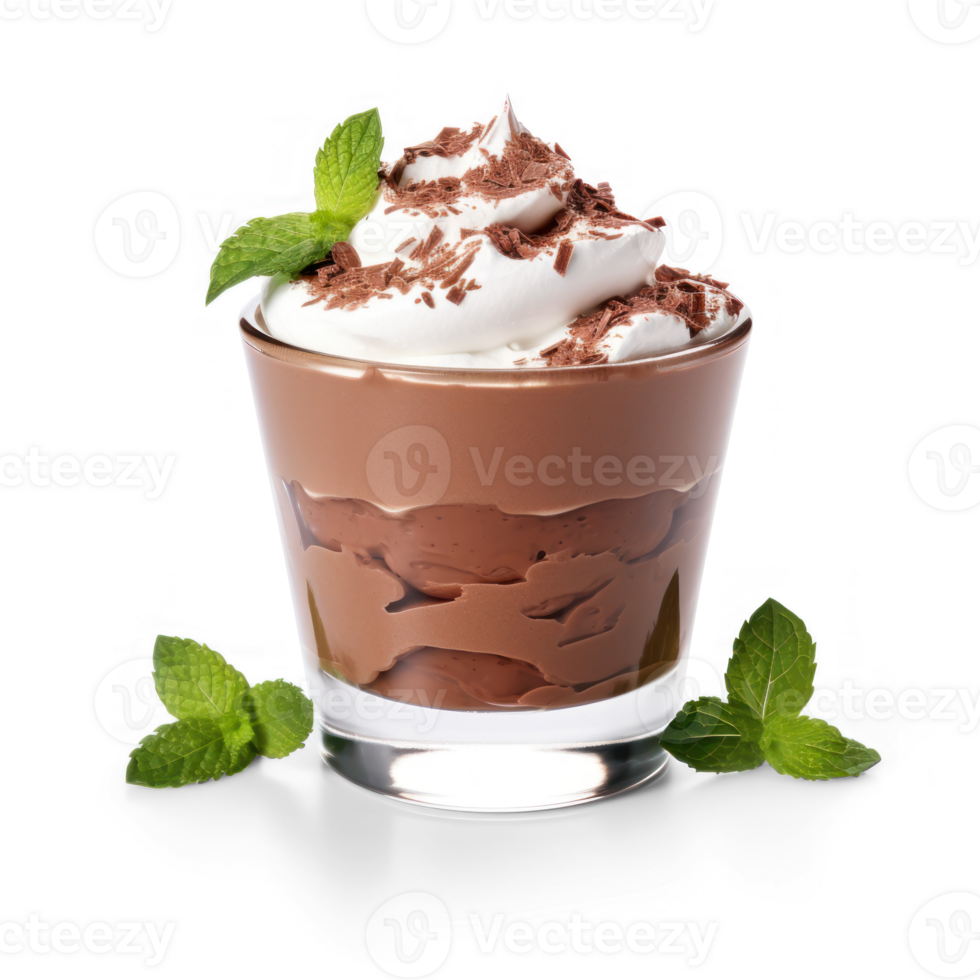 chocolate pudding with whipped cream and mint leaves on transparent background png