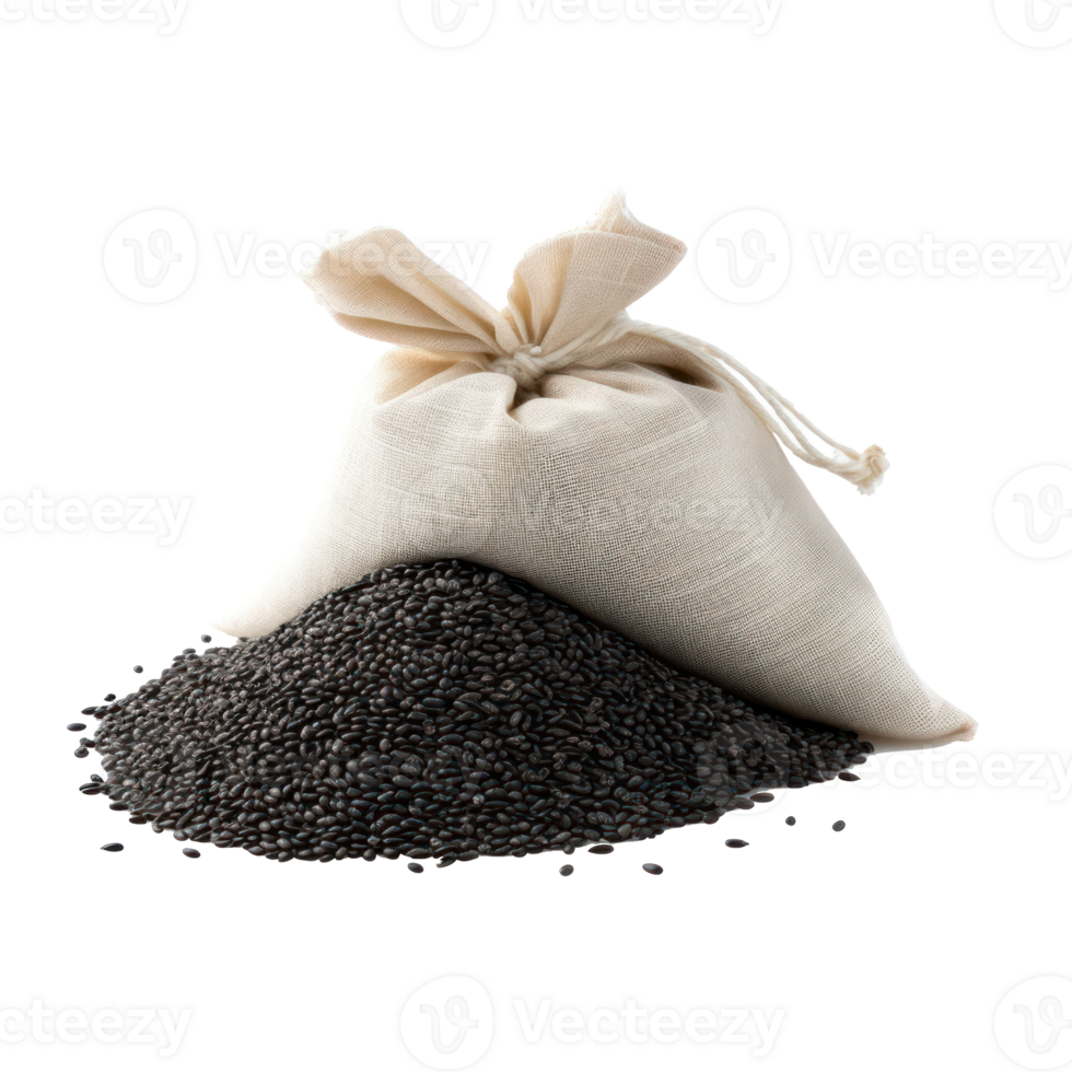 black mustard seeds in a sack on a transparent background png