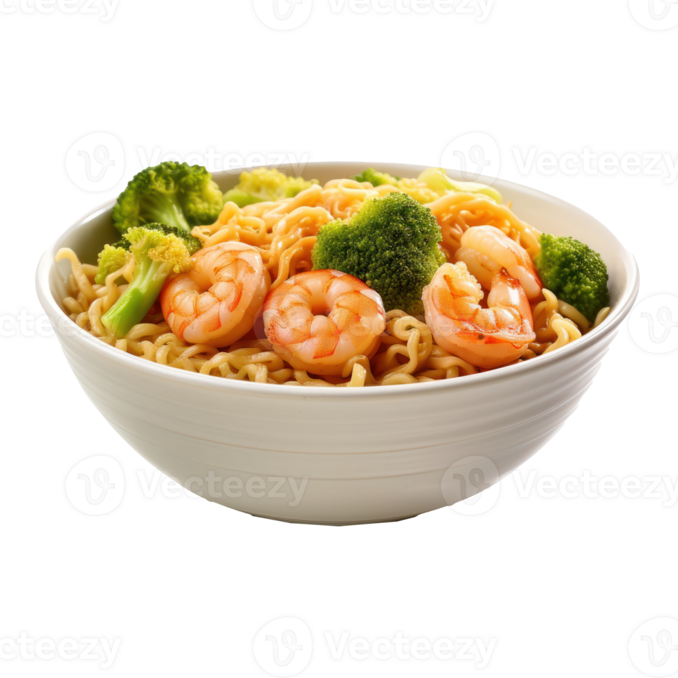 shrimp and broccoli noodles in a bowl with broccoli png
