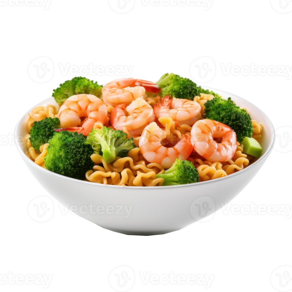 shrimp and broccoli in a bowl with noodles on a transparent background png
