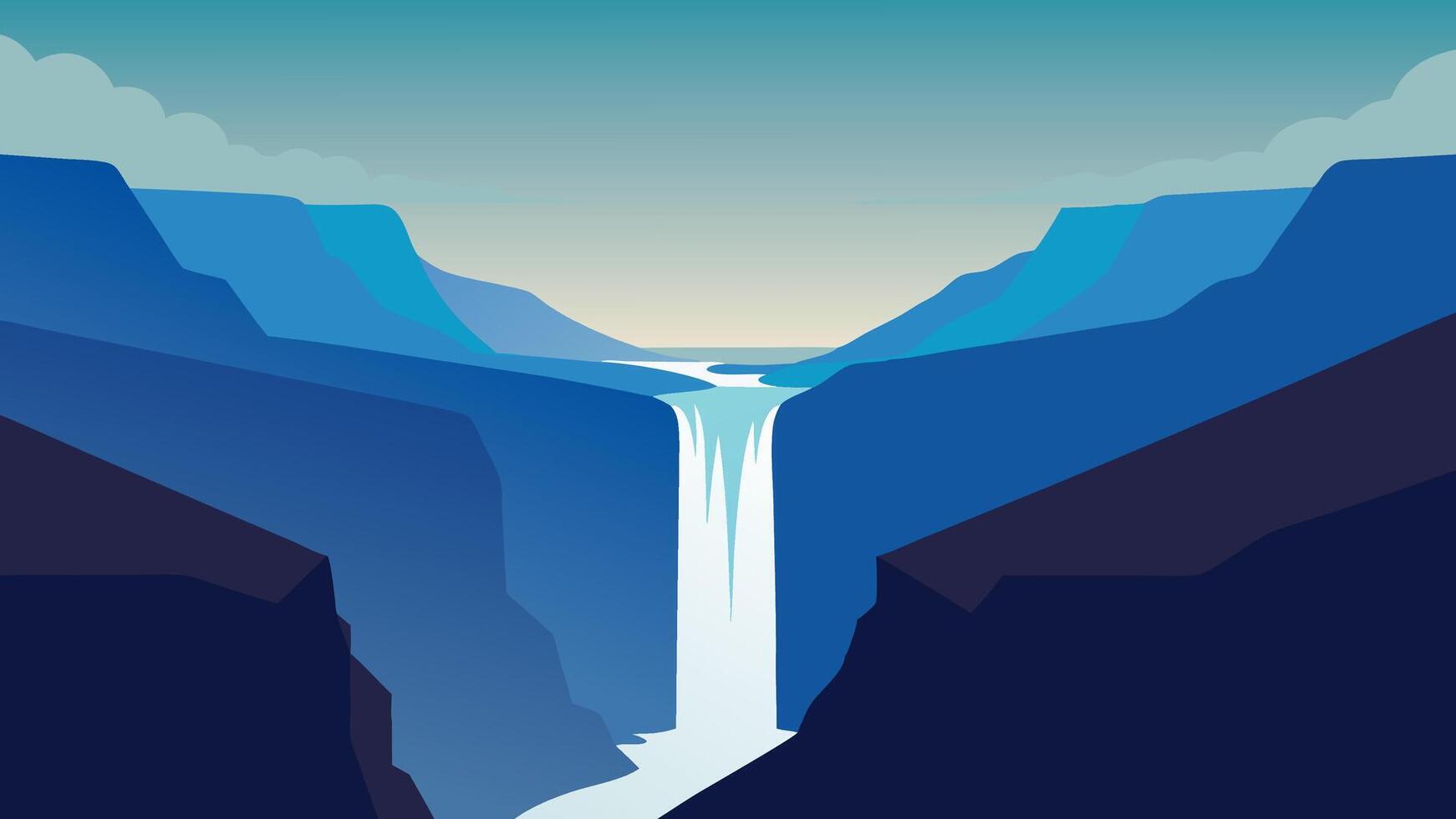 Skjalfandafljot river, Iceland, Europe. Panoramic morning view of Godafoss, spectacular waterfall plunging over a curved, flat illustration. vector
