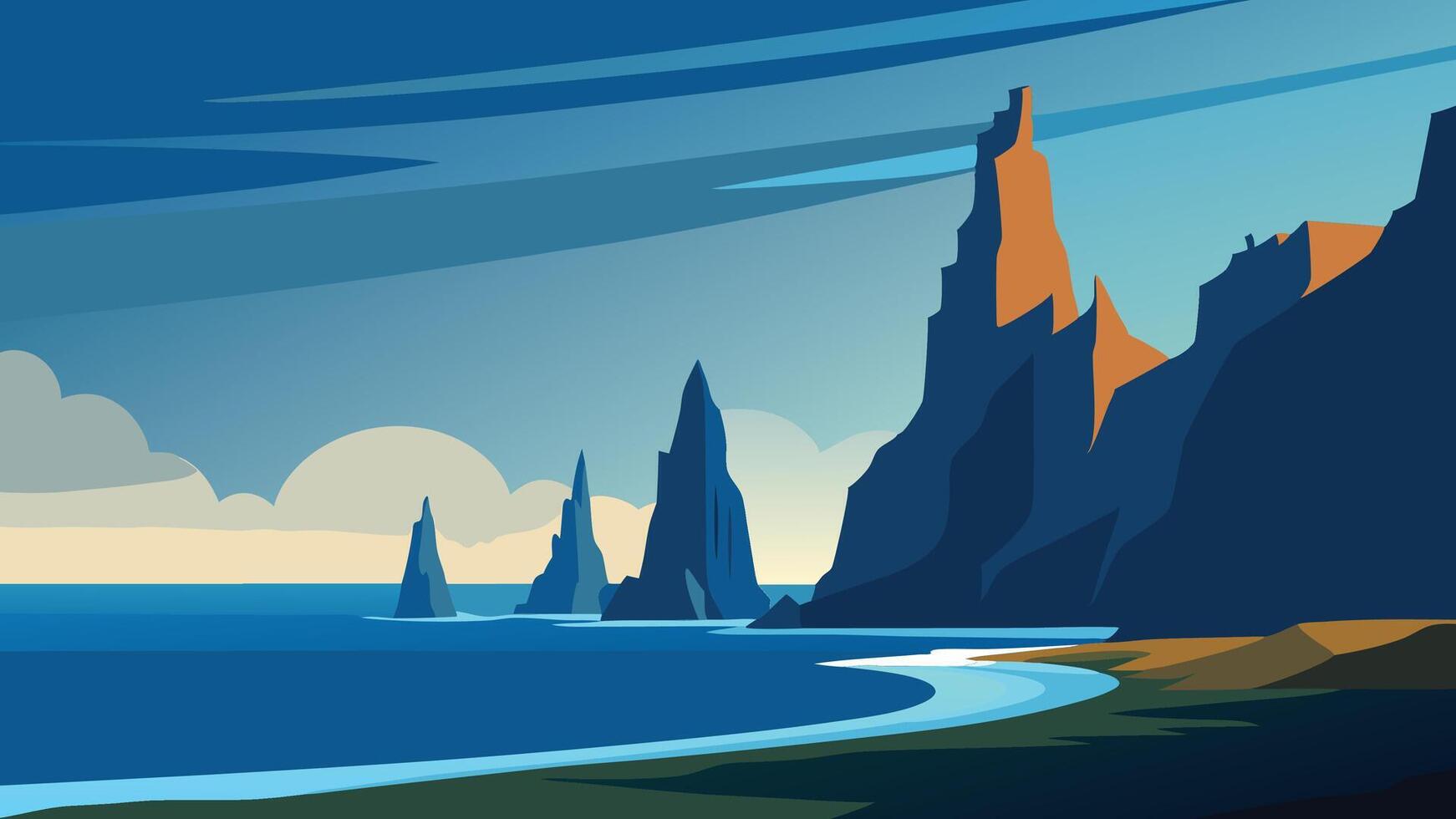 Reynisdrangar cliffs in the Atlantic ocean. Fantastic summer morning on south Iceland, Vik village location, Europe. flat illustration. vector